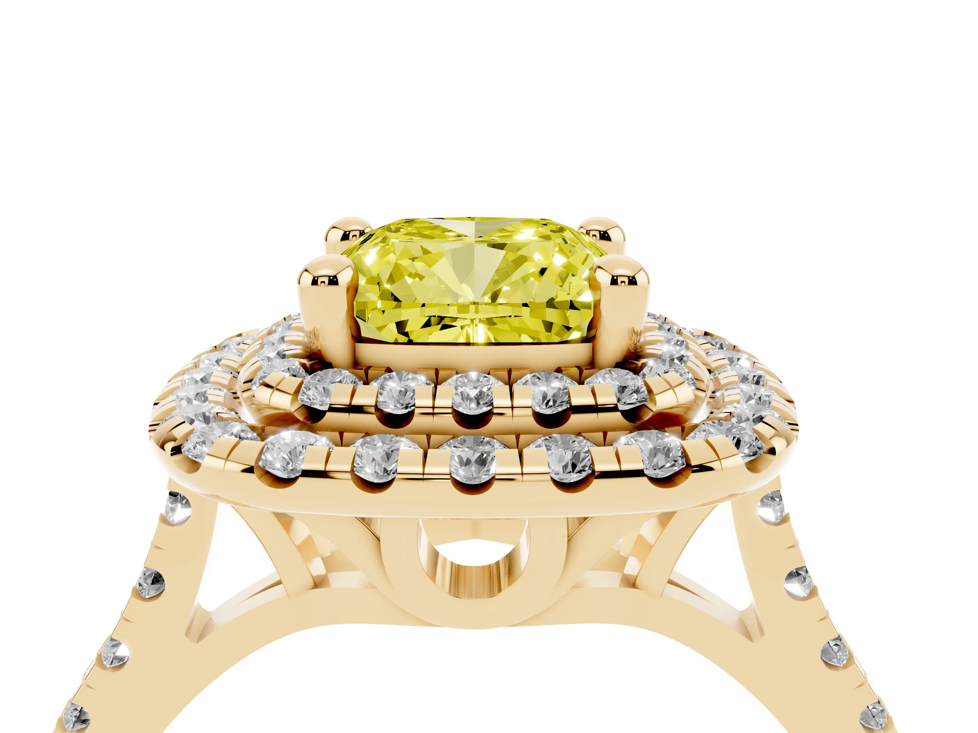 Fancy Yellow Cushion Cut Diamond Double Halo Statement Ring Set in Yellow gold with Pavé Band