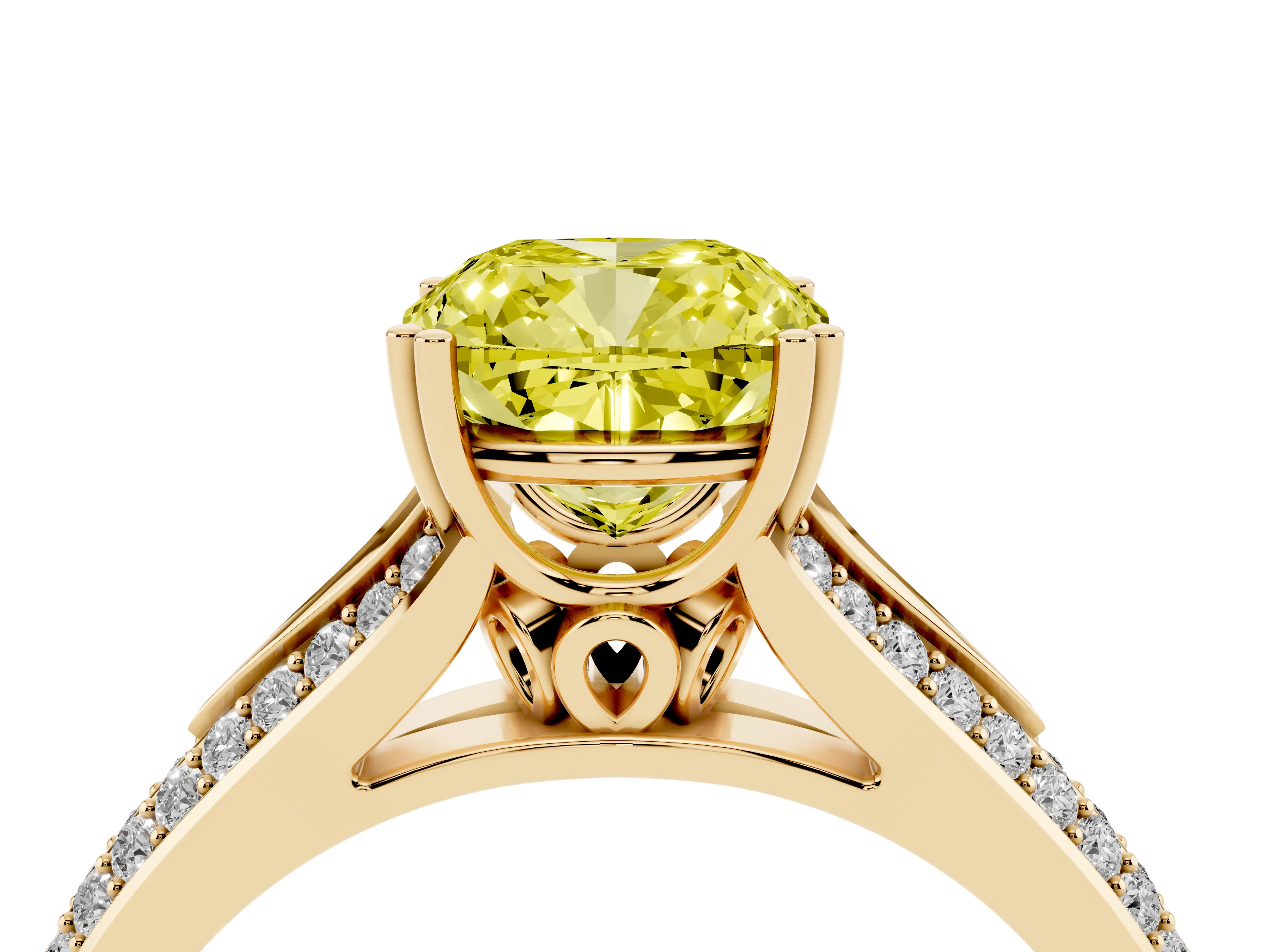 Fancy Yellow Cushion Cut Diamond Split Shank Pavé Engagement Ring Set in Yellow gold with Prong-Set Center Stone