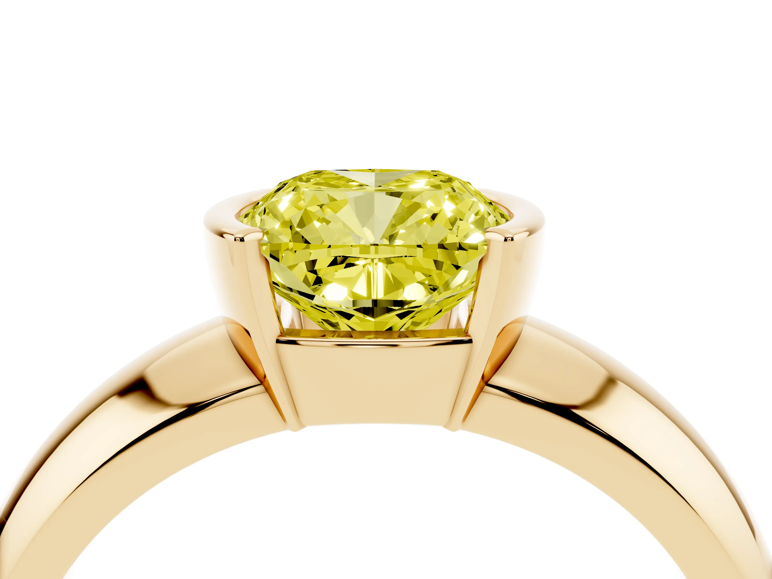 Fancy Yellow Cushion Cut Diamond Solitaire Tension Set Ring Set in Yellow gold with Wide Band
