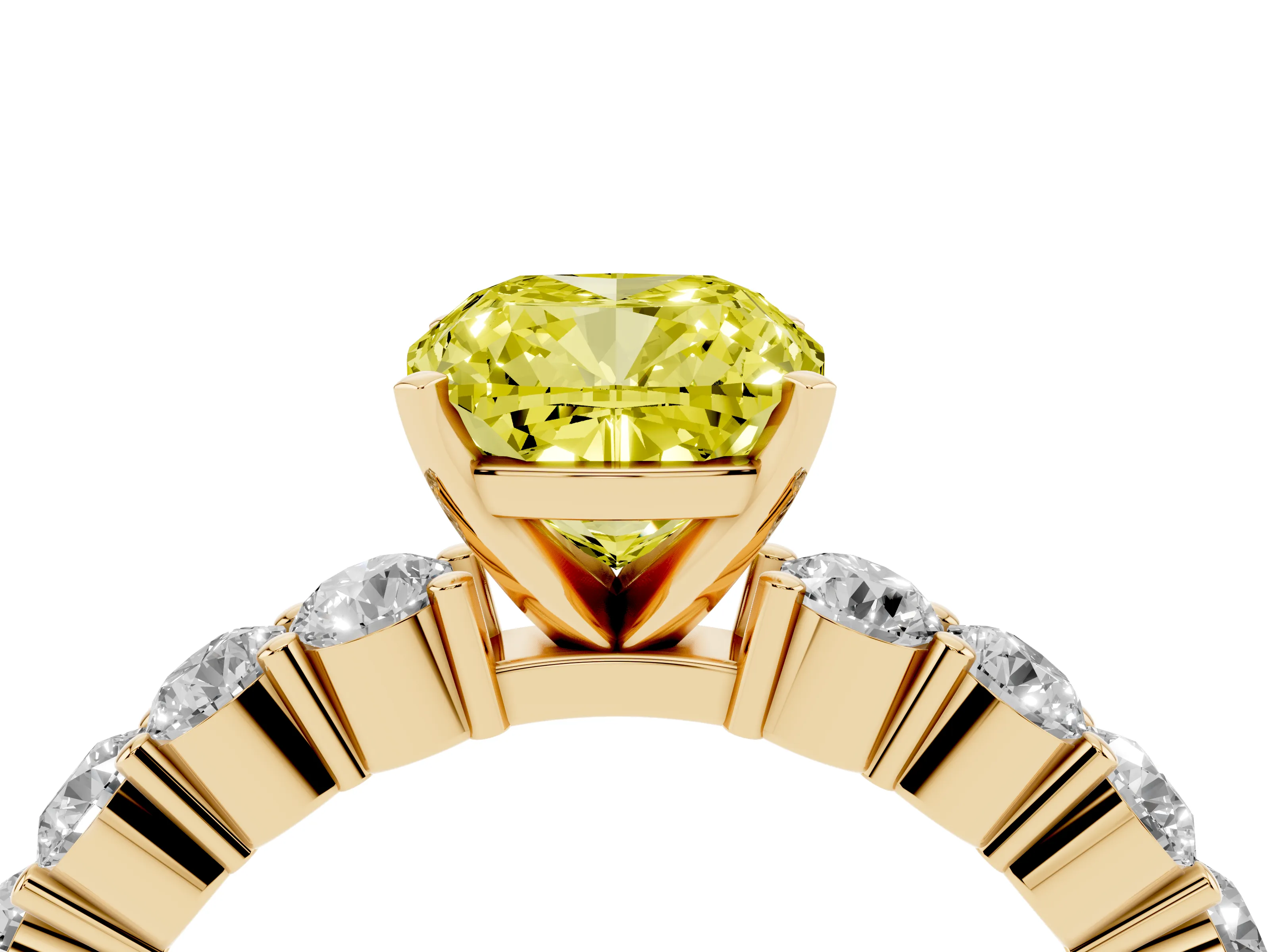 Fancy Yellow Cushion Cut Diamond Solitaire Ring Set in Yellow gold with Shared Prong Round Side Stones