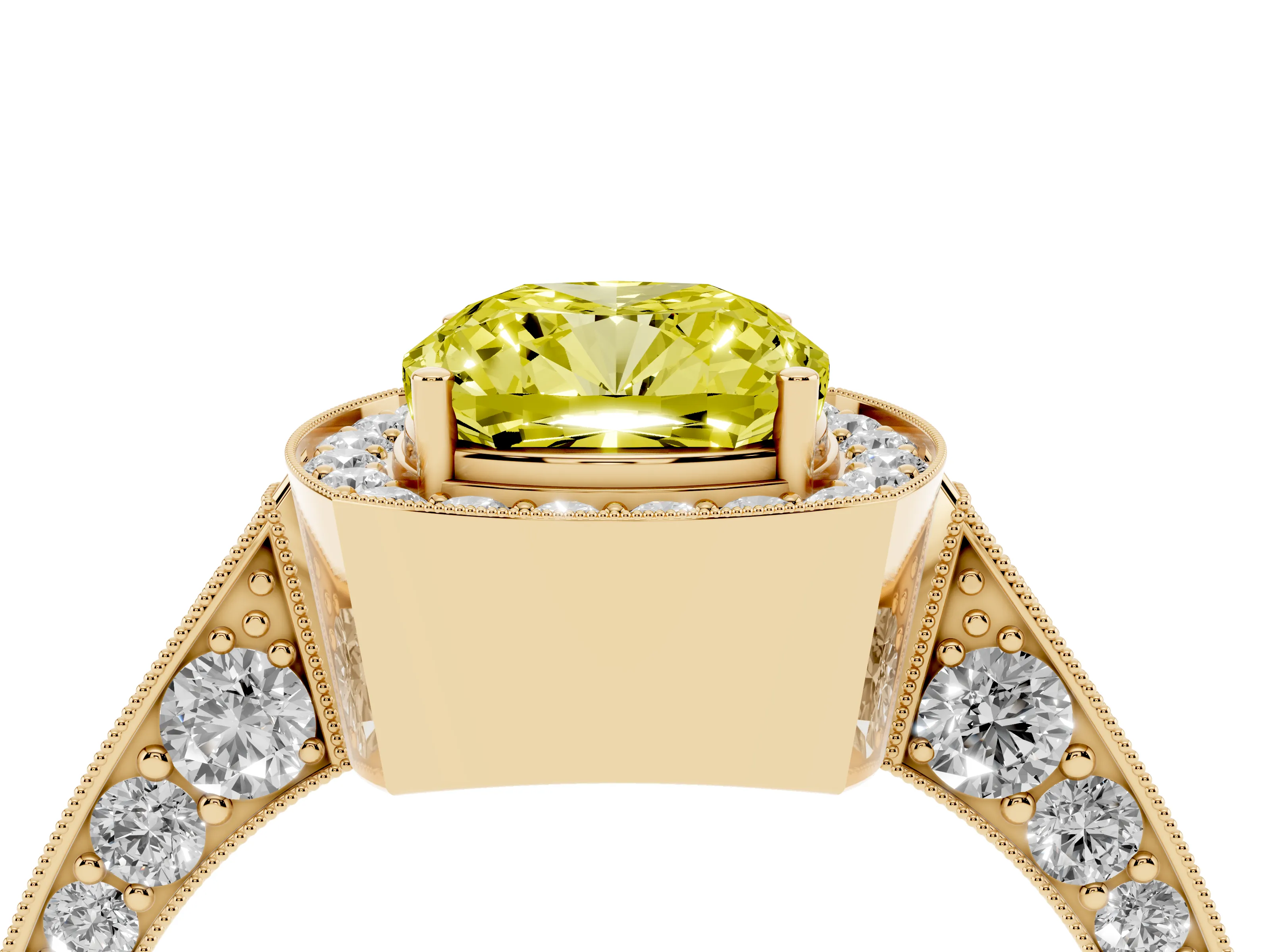 Fancy Yellow Cushion Cut Diamond Halo Engagement Ring Set in Yellow gold with Accent Split Shank Band