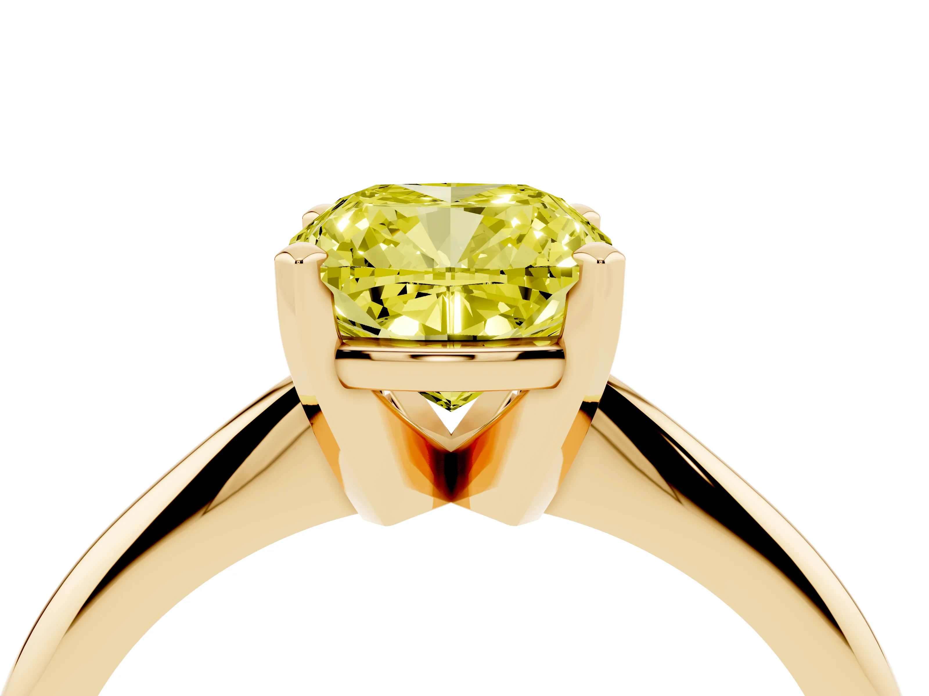 Fancy Yellow Cushion Cut Diamond Solitaire Ring Set in Yellow gold with Prong Setting on a Plain Round Band