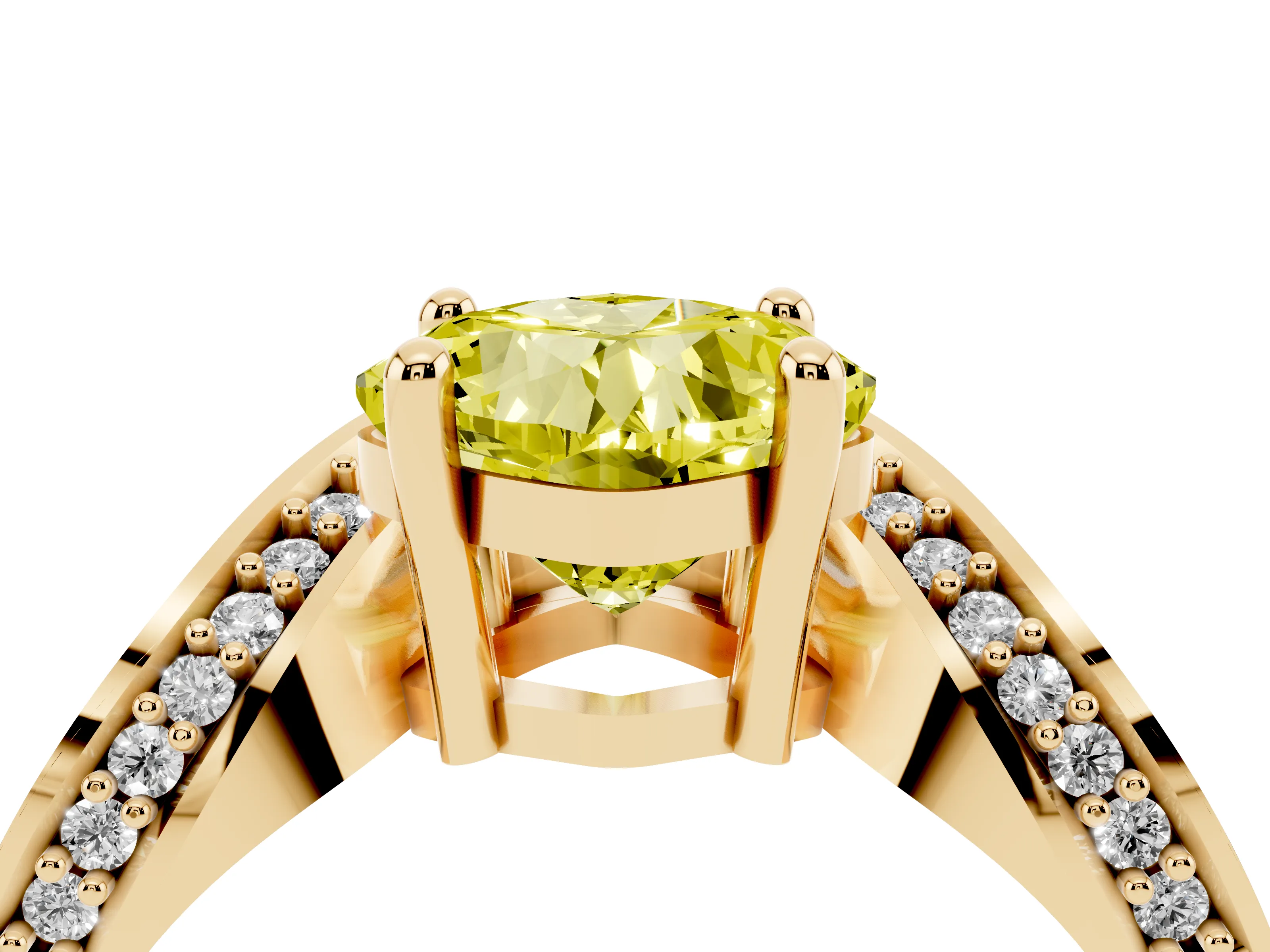 Fancy Yellow Cushion Cut Diamond Solitaire Engagement Ring Set in Yellow gold with Pavé Shoulders