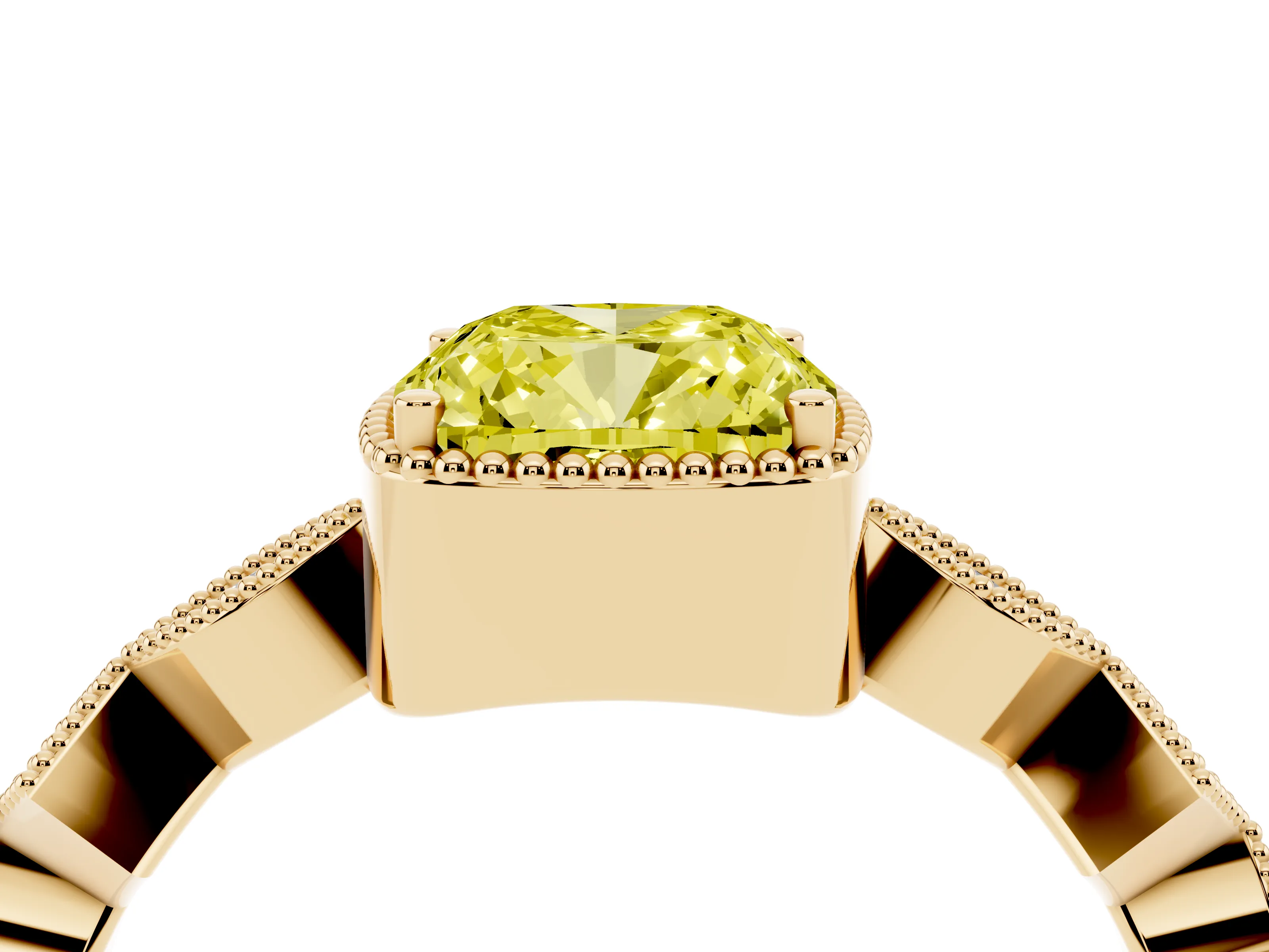 Fancy Yellow Cushion Cut Diamond Milgrain Marquise Twist Band Ring Set in Yellow gold with Prong Setting