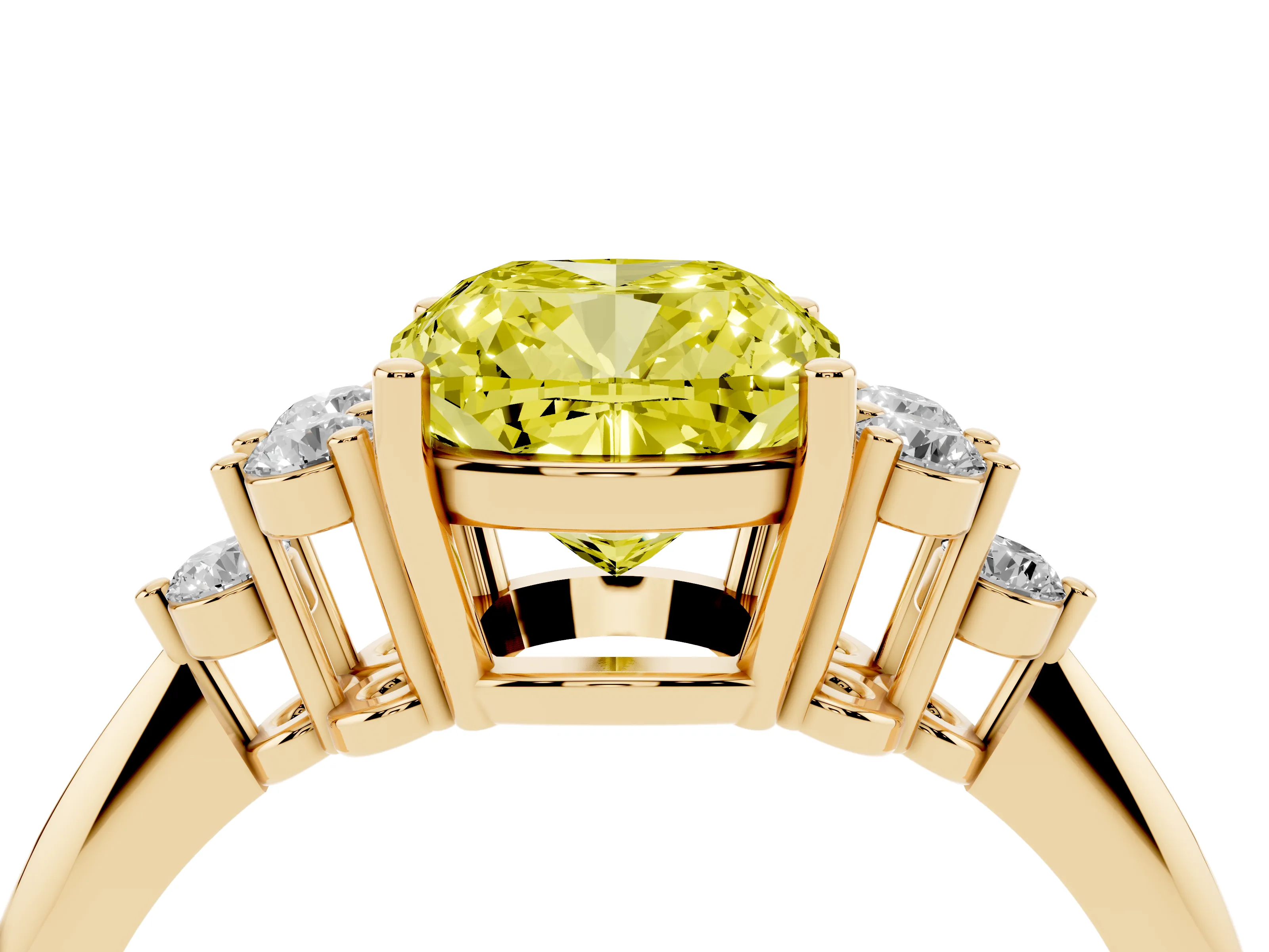 Fancy Yellow Cushion Cut Diamond Cluster Ring Set in Yellow gold with Plain Band and Prong Setting