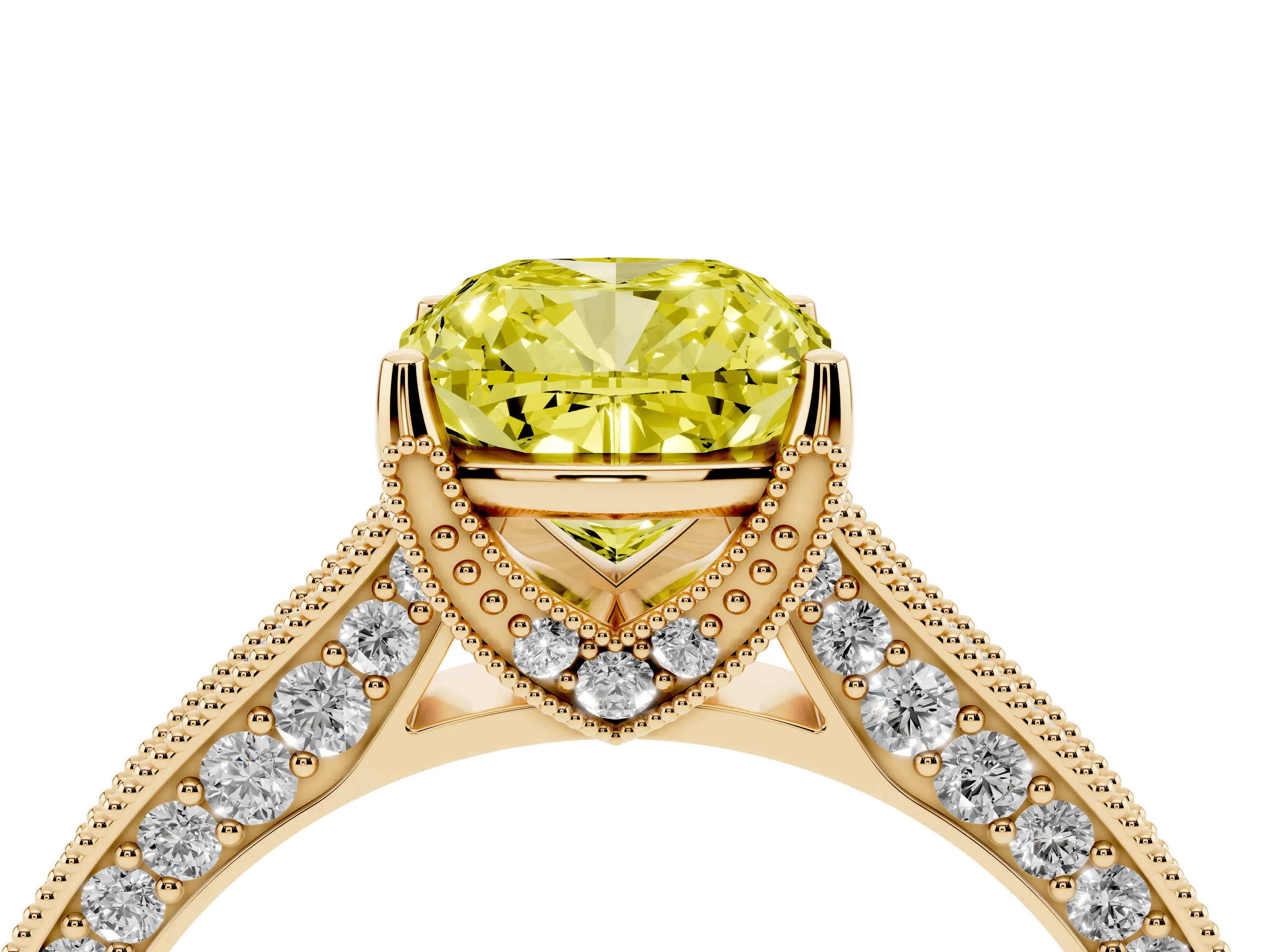 Fancy Yellow Cushion Cut Diamond Solitaire Ring Set in Yellow gold with Milgrain-Edged Pavé Band and Prong Setting