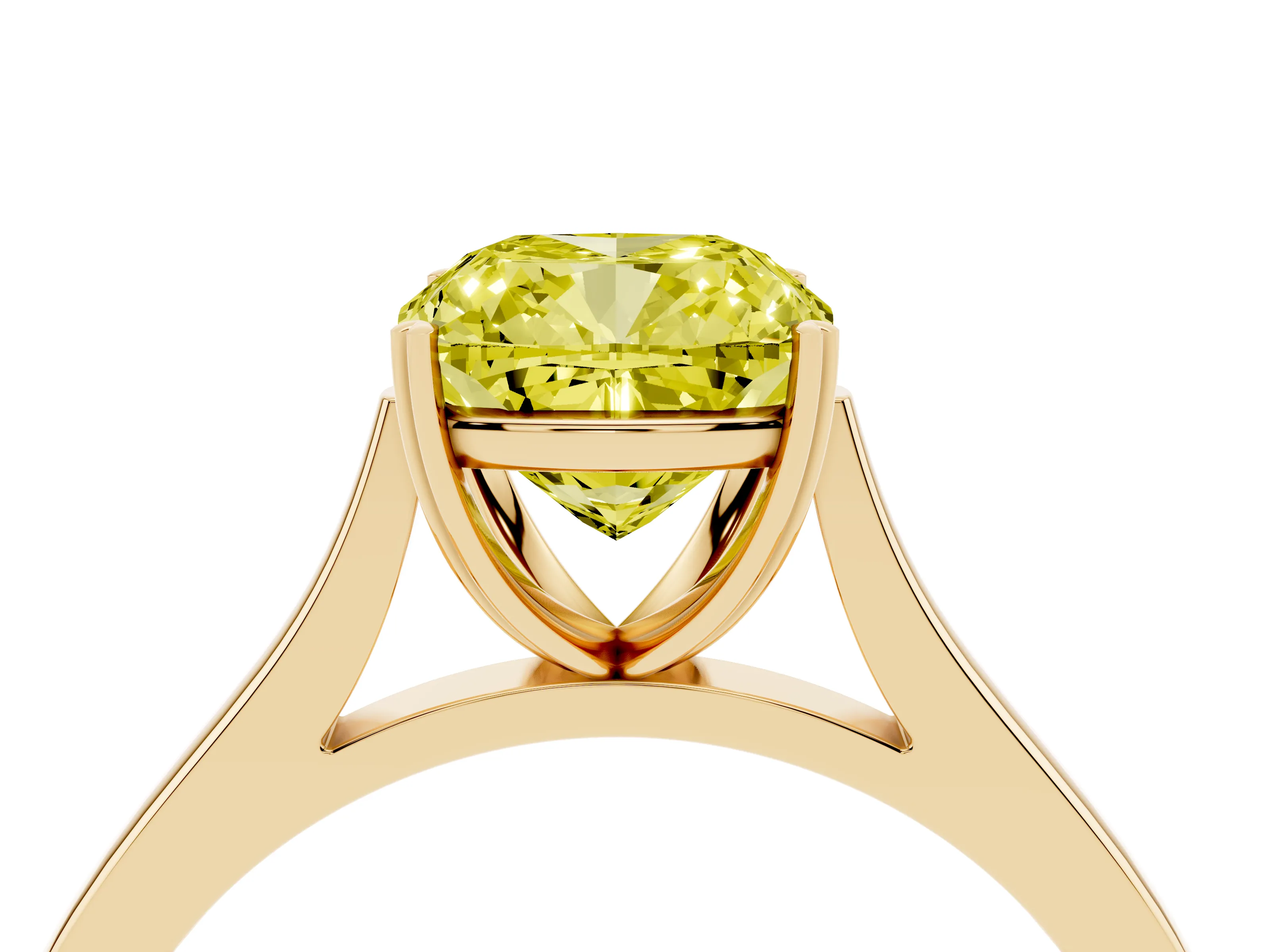 Fancy Yellow Cushion Cut Diamond Solitaire Heart Prong Engagement Ring Set in Yellow gold with Tapered Band