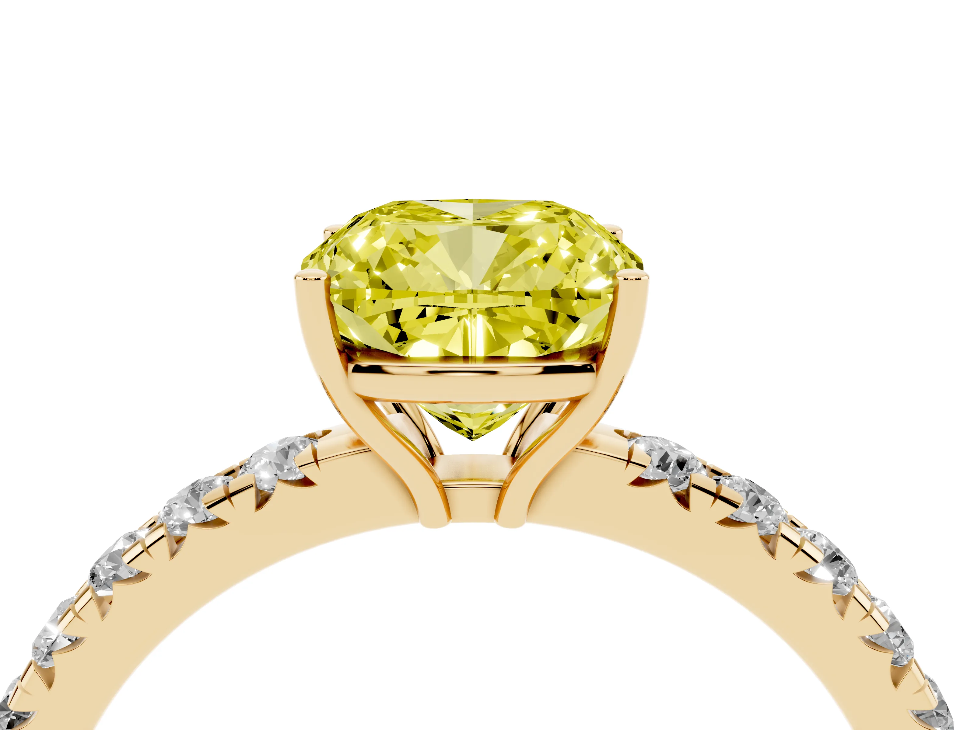 Fancy Yellow Cushion Cut Diamond Pavé Solitaire Engagement Ring Set in Yellow gold with Prong Setting