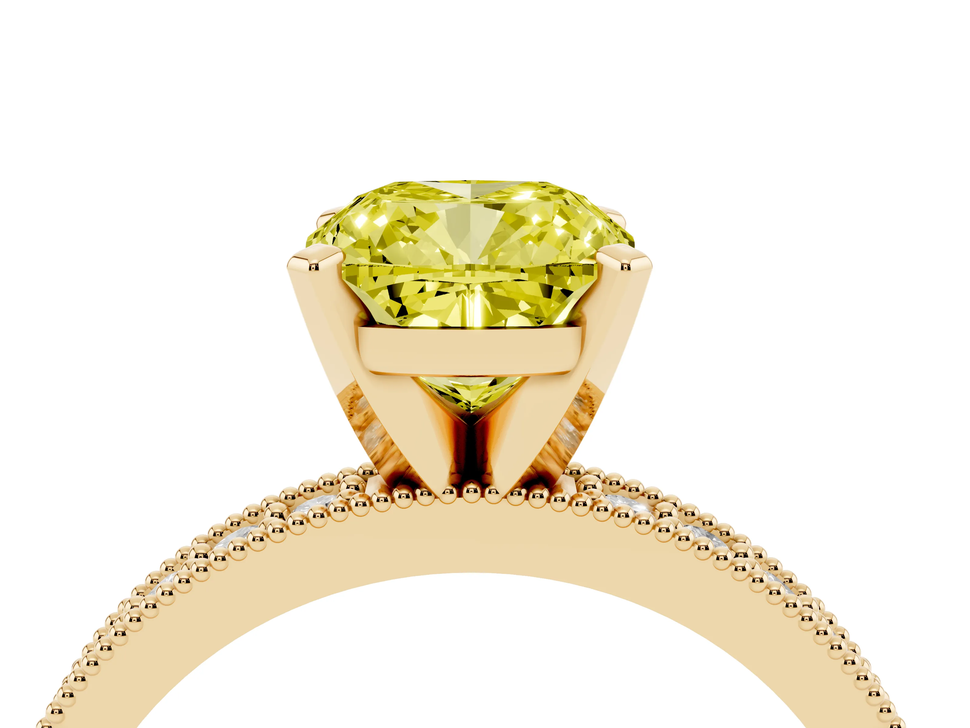 Fancy Yellow Cushion Cut Diamond Milgrain Pavé Engagement Ring Set in Yellow gold with Prong Setting