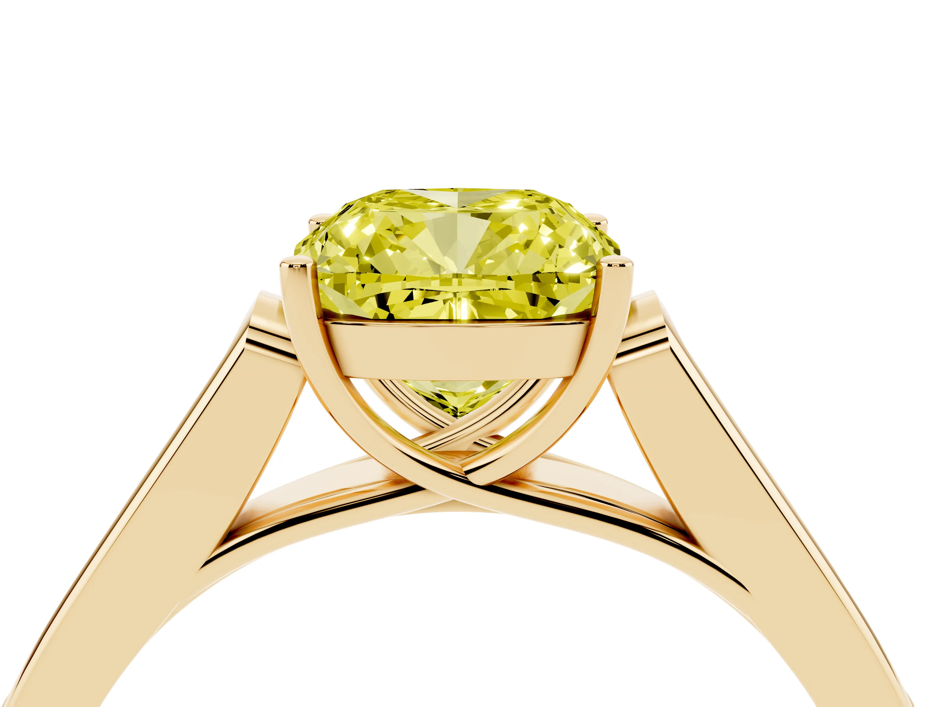 Fancy Yellow Cushion Cut Diamond Solitaire Cathedral Engagement Ring Set in Yellow gold with Channel-Set Band and Prong Setting