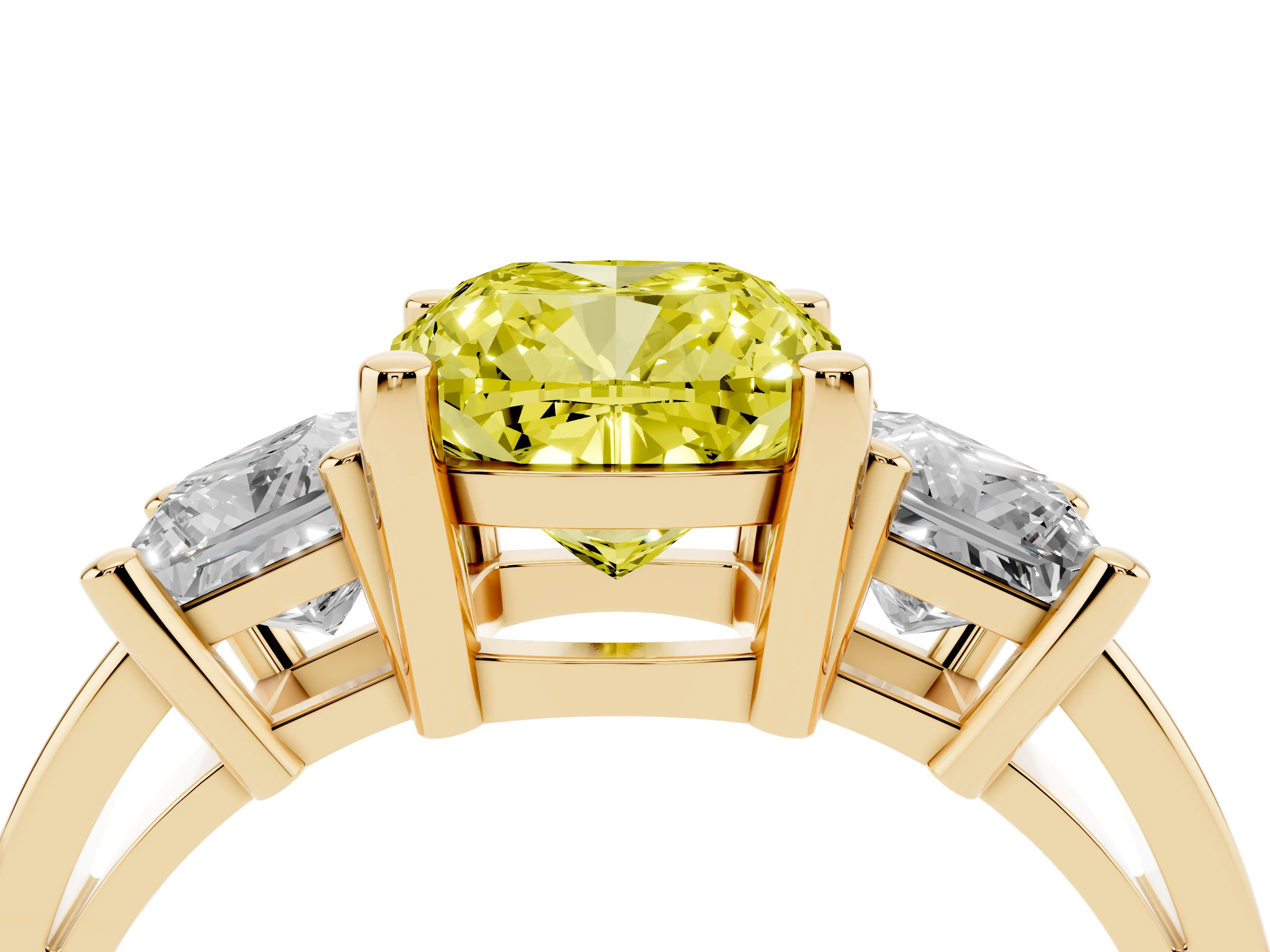 Fancy Yellow Three-Stone Cushion Cut Diamond Solitaire Ring Set in Yellow gold with Prong Setting