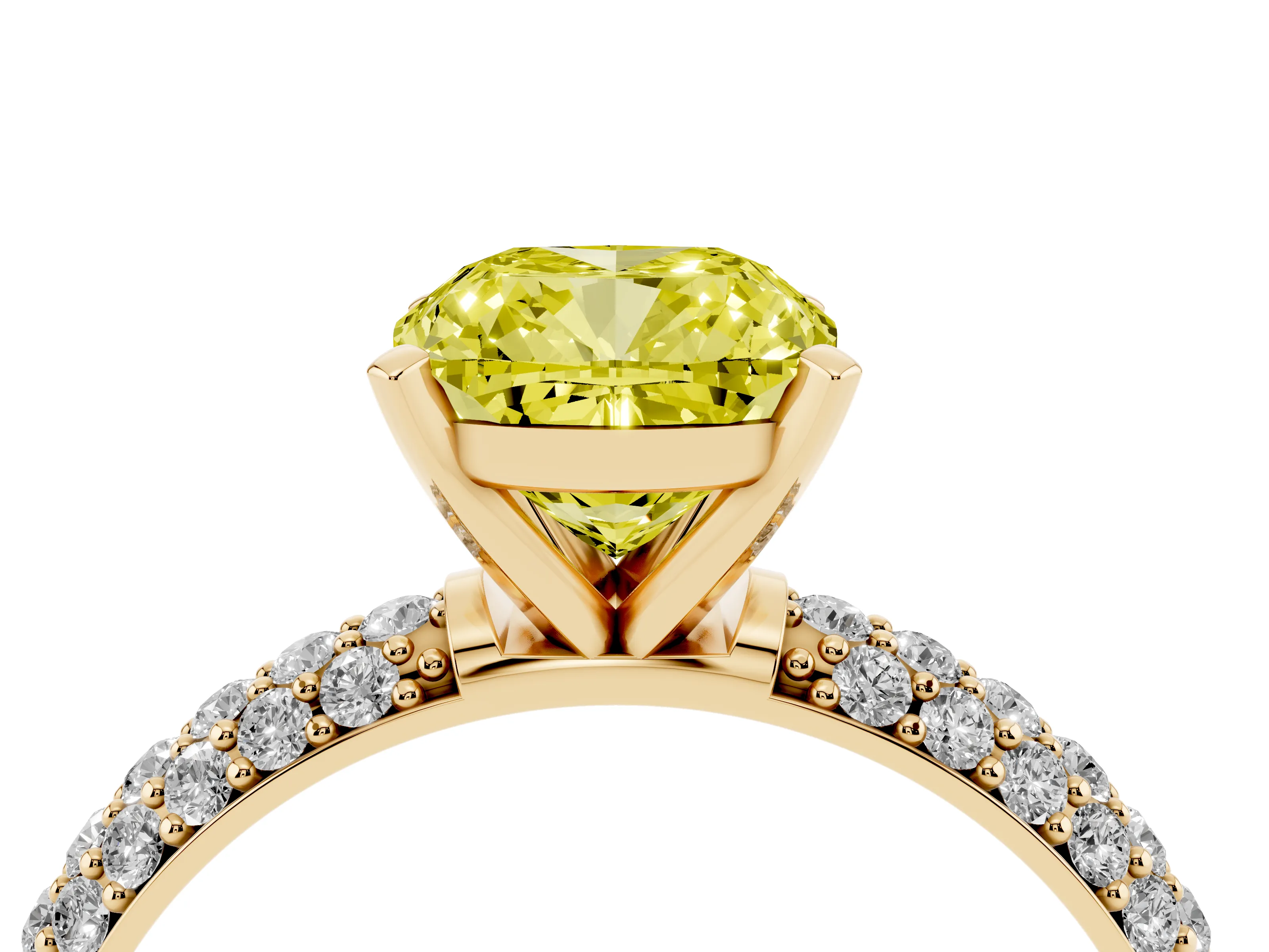 Fancy Yellow Cushion Cut Diamond Solitaire Ring Set in Yellow gold with Prong Setting and Pavé-Set Band