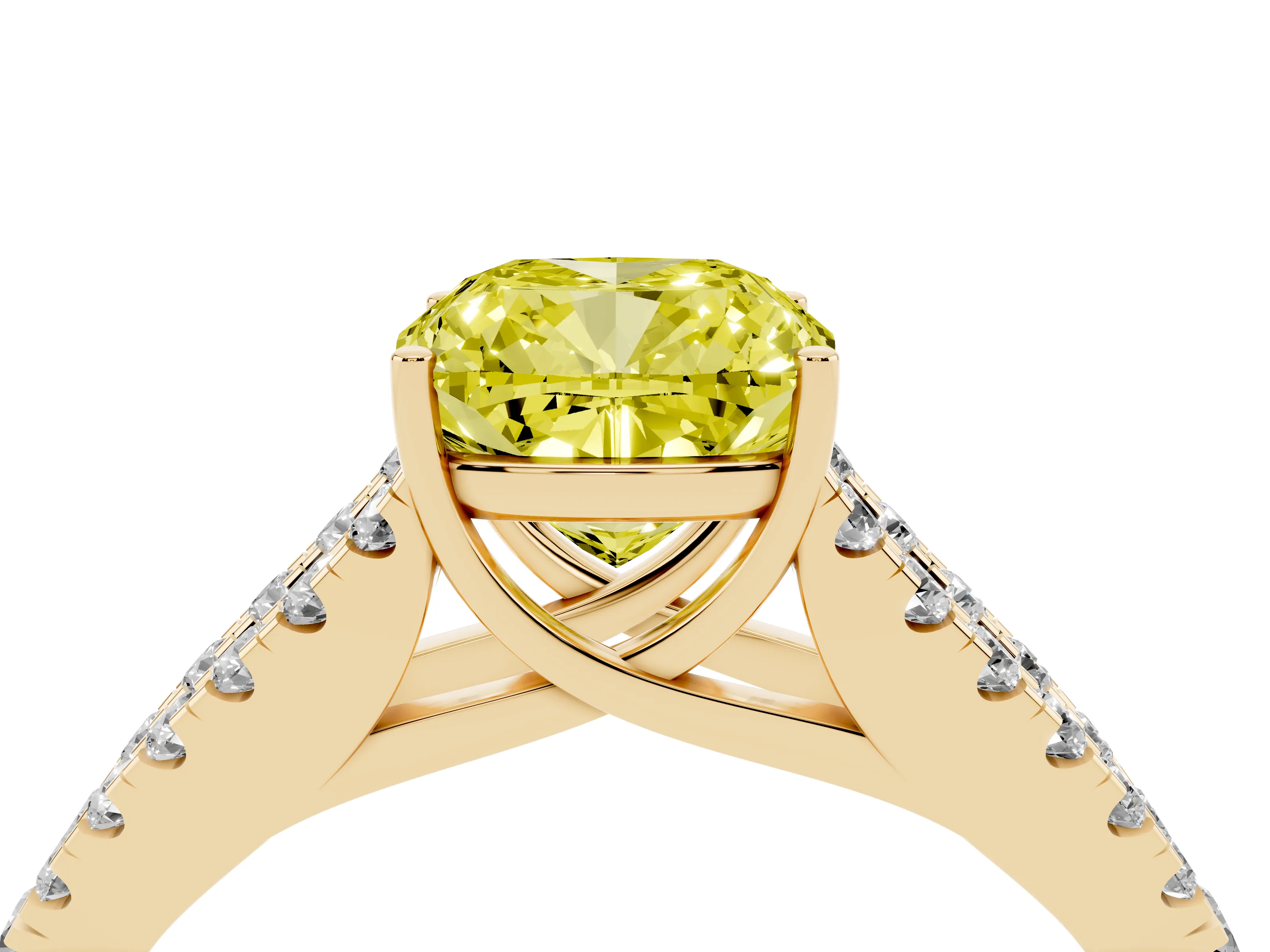 Fancy Yellow Cushion Cut Diamond Split Shank Pavé Engagement Ring Set in Yellow gold with Prong-Held Center Stone