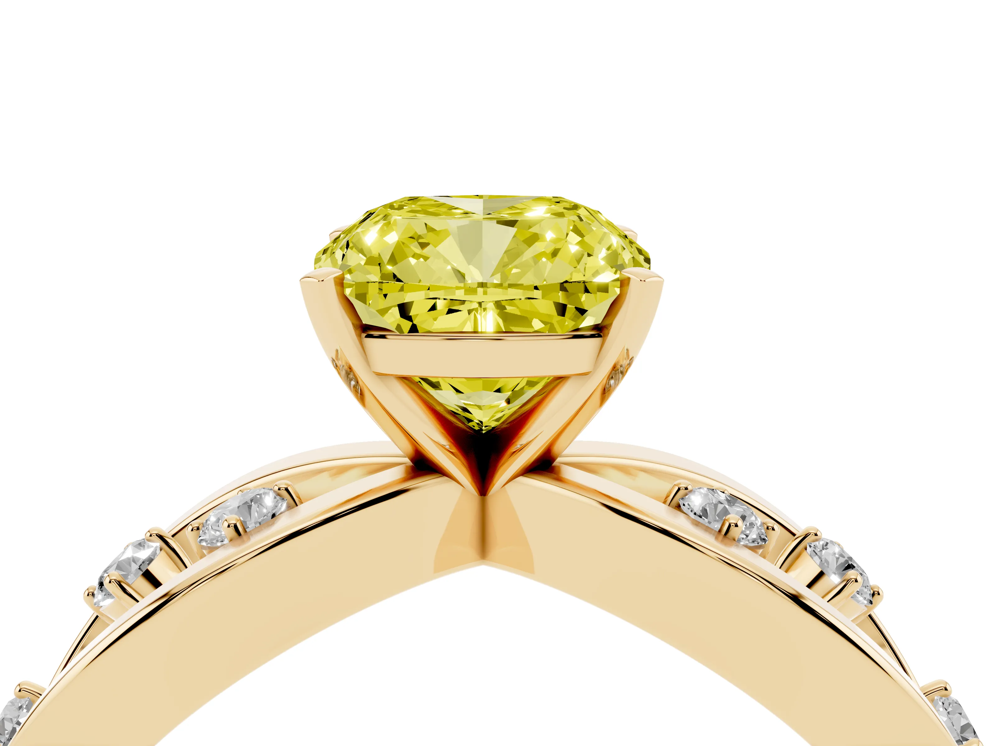 Fancy Yellow Cushion Cut Diamond Solitaire Ring Set in Yellow gold with Side Stones on Criss-Cross Band and Prong Setting