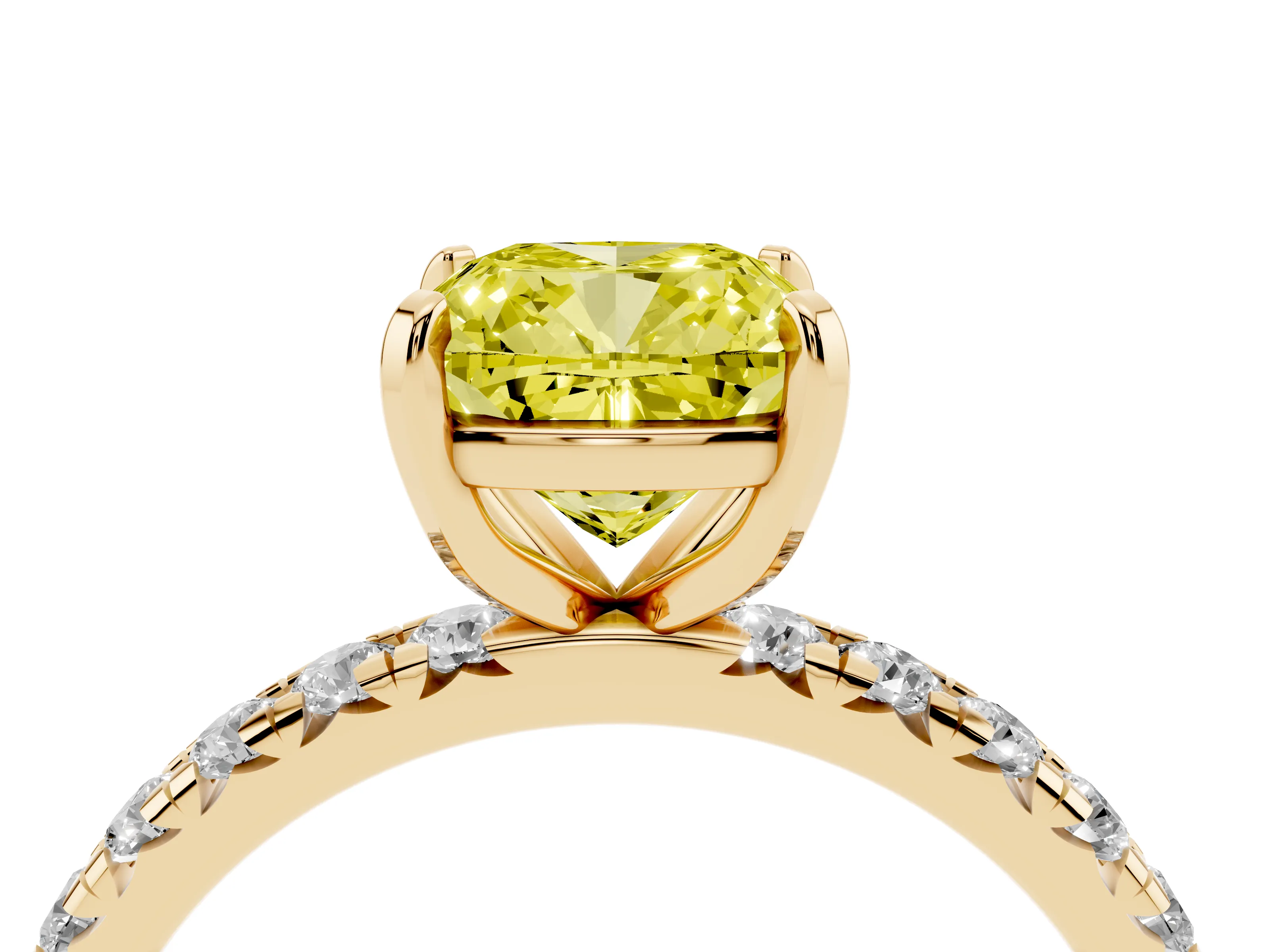 Fancy Yellow Cushion Cut Diamond Pavé Solitaire Ring Set in Yellow gold with Round Band and Prong Setting