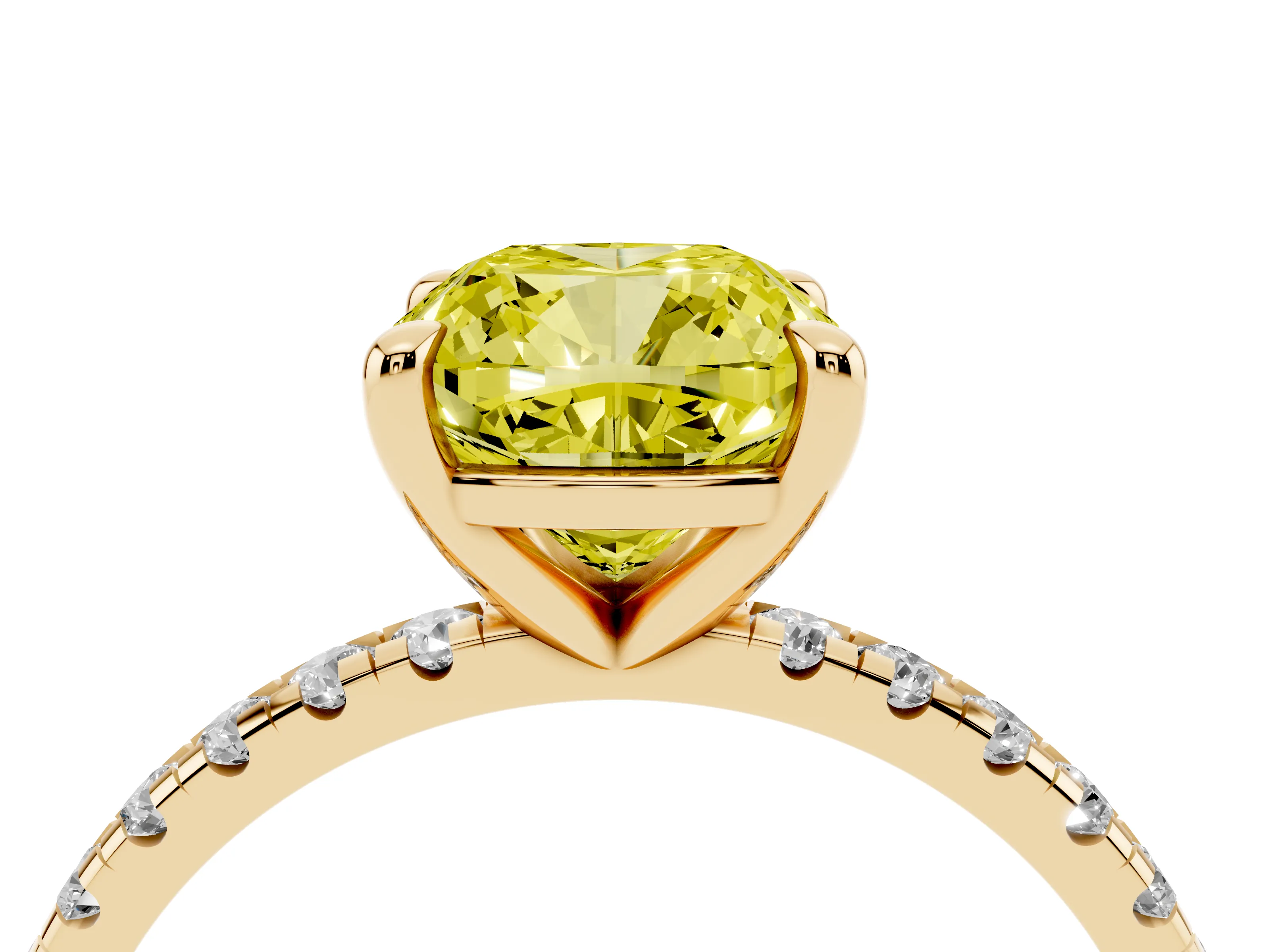Fancy Yellow Cushion Cut Diamond Brilliant Solitaire Ring Set in Yellow gold with Pavé Band and Prong Setting