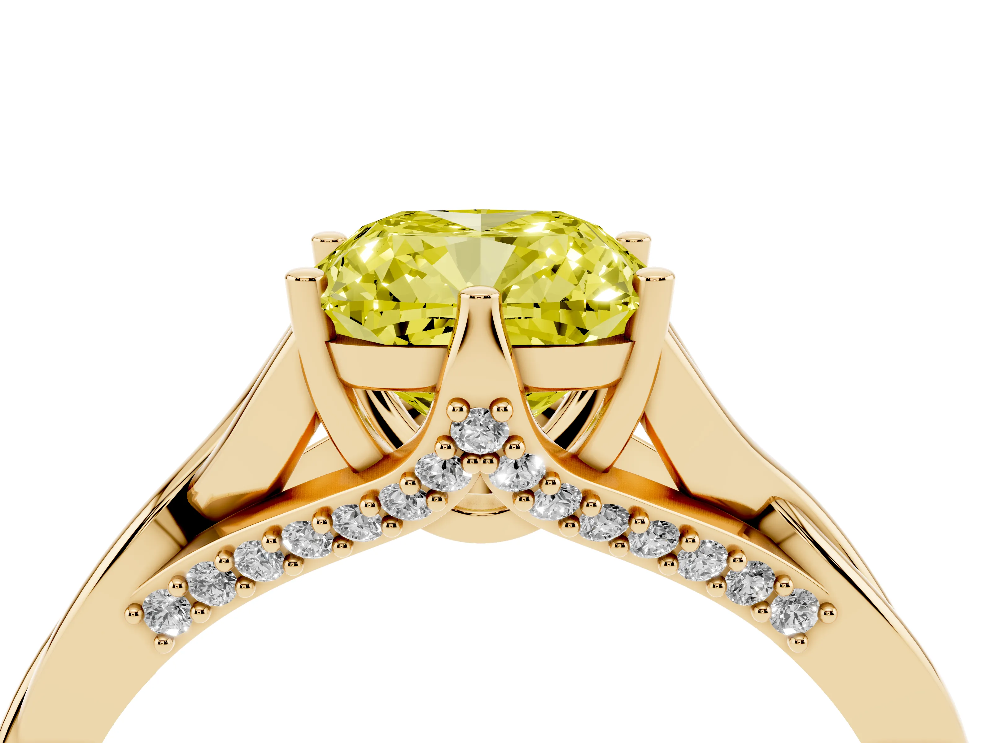 Fancy Yellow Cushion Cut Diamond Intertwined Twist Band Solitaire Ring Set in Yellow gold with Prong Setting
