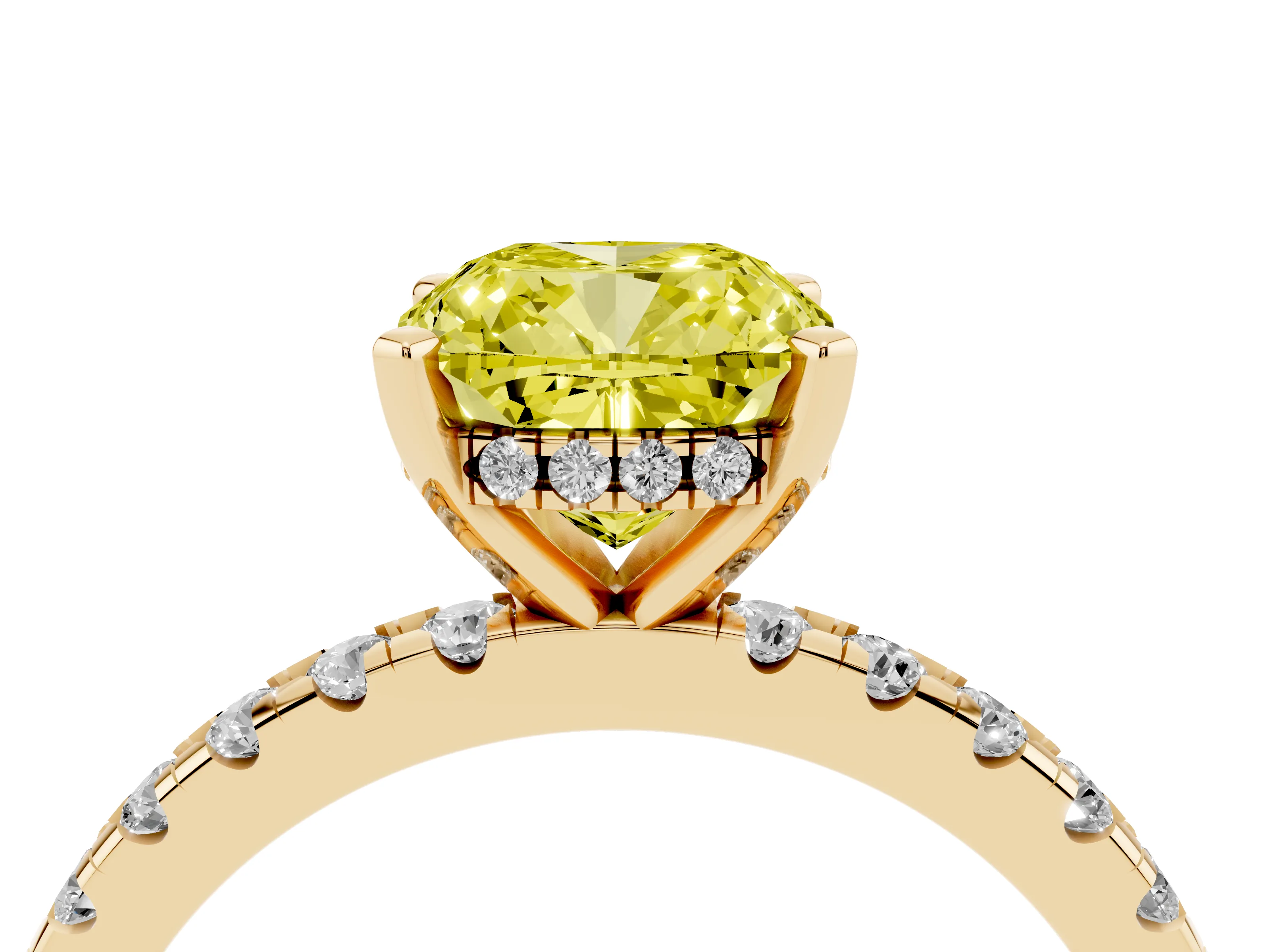 Fancy Yellow Cushion Cut Diamond Pavé Solitaire Ring Set in Yellow gold with Round Band Accents and Prong Setting
