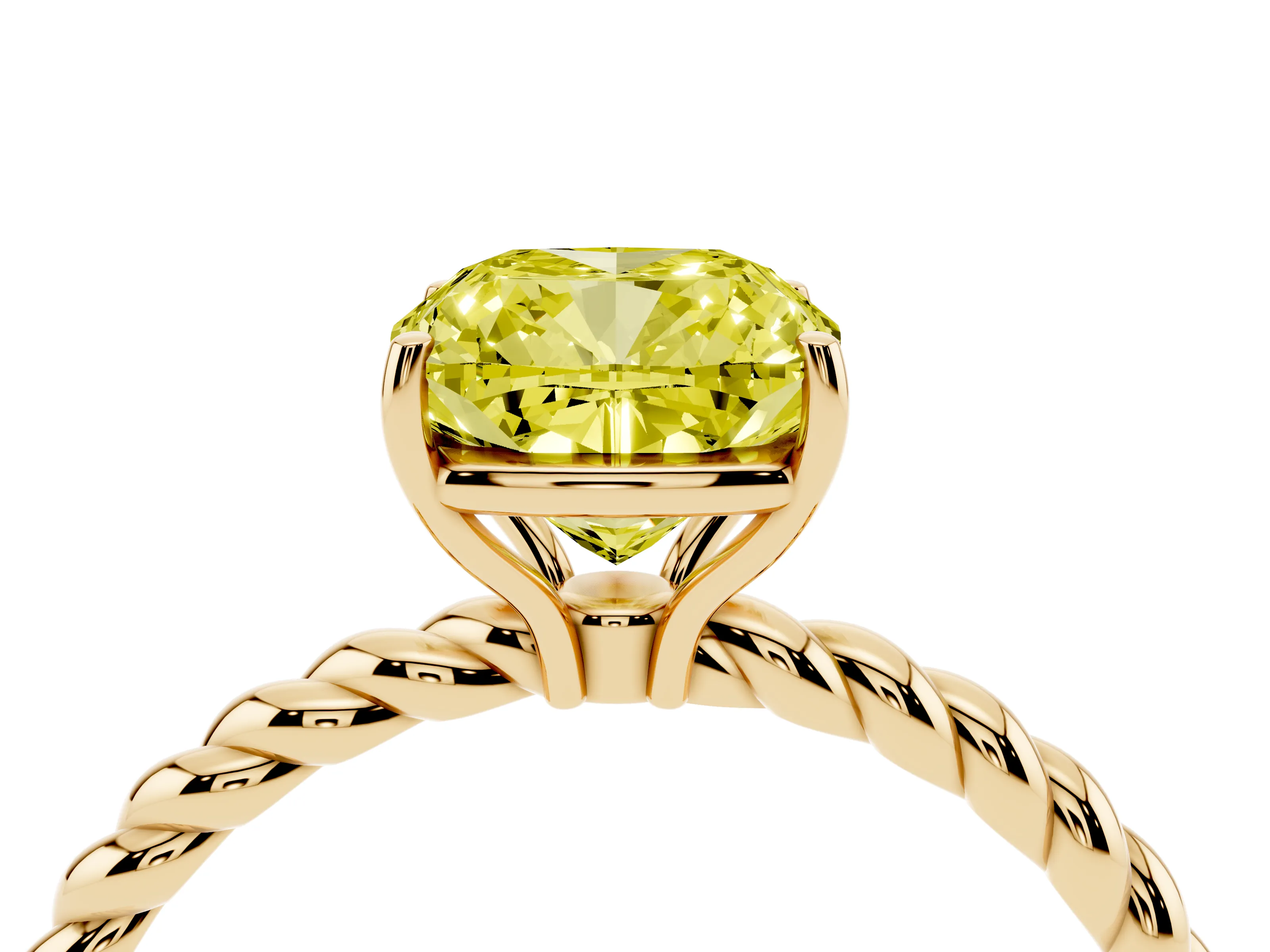 Fancy Yellow Cushion Cut Diamond Solitaire Ring Set in Yellow gold with Twist Band and Prong Setting