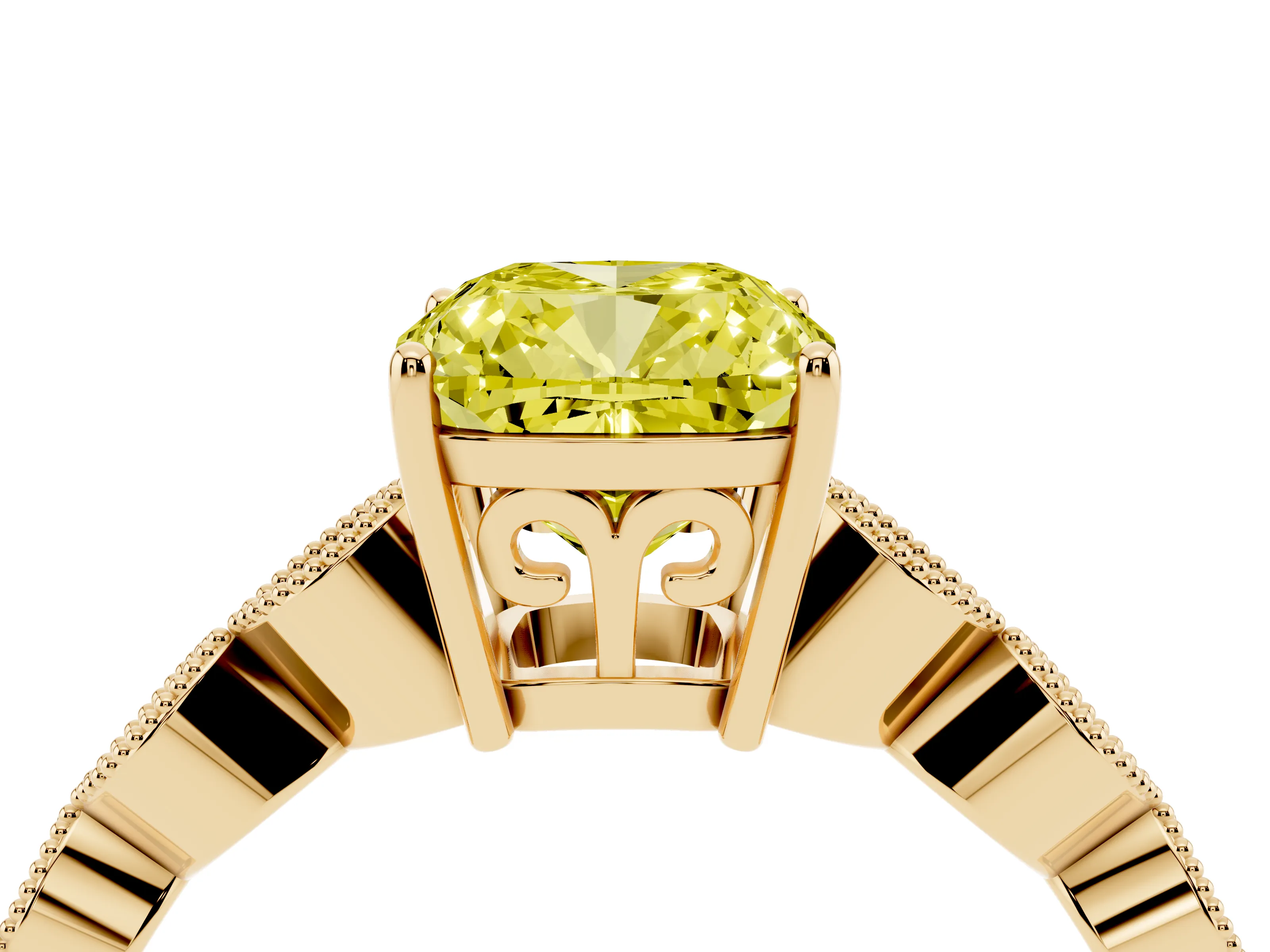 Fancy Yellow Cushion Cut Diamond Solitaire Ring Set in Yellow gold with Infinity Twist Pavé Band