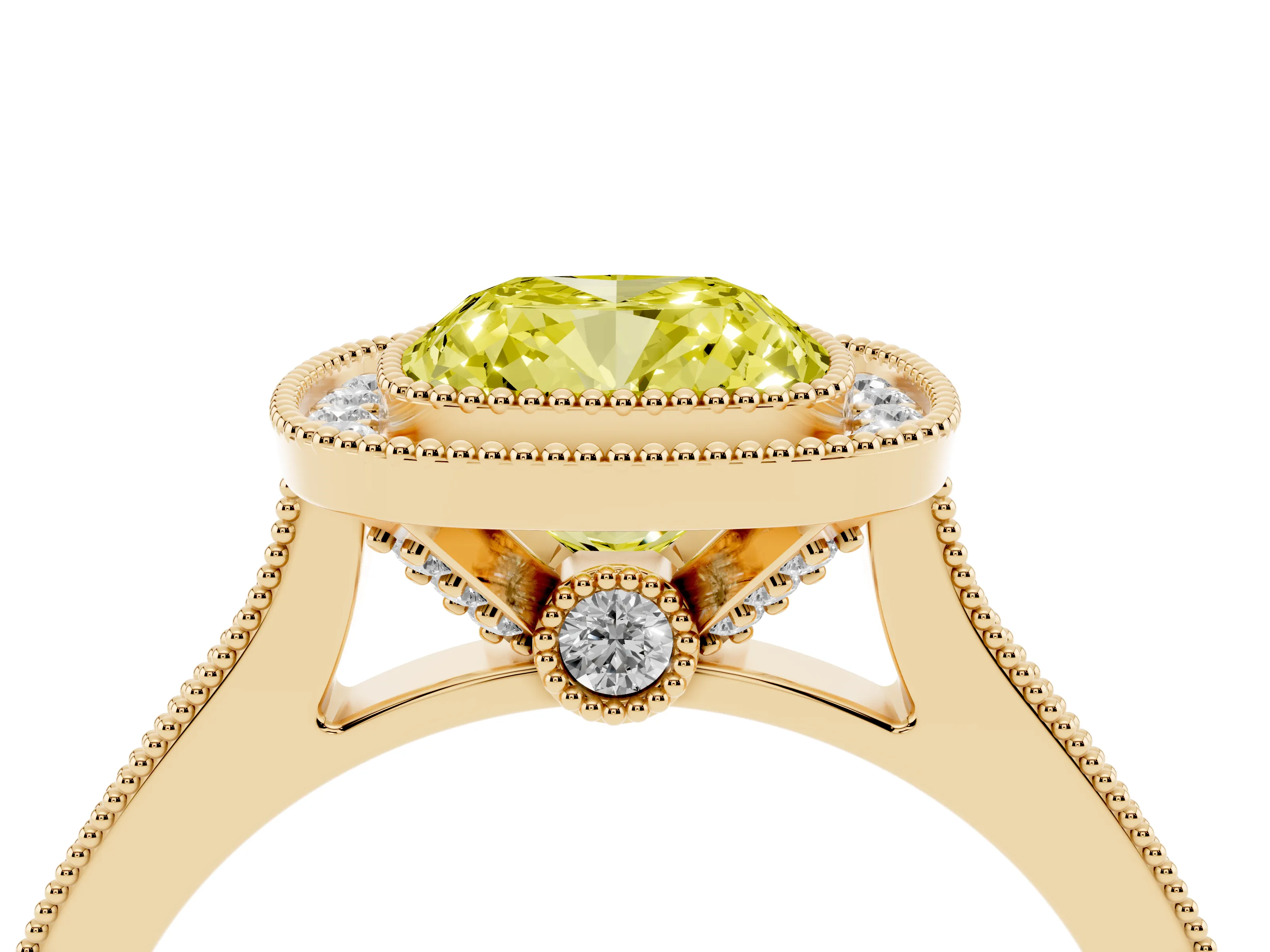 Fancy Yellow Cushion Cut Diamond Halo Milgrain Pavé Band Ring Set in Yellow gold with Prong Setting