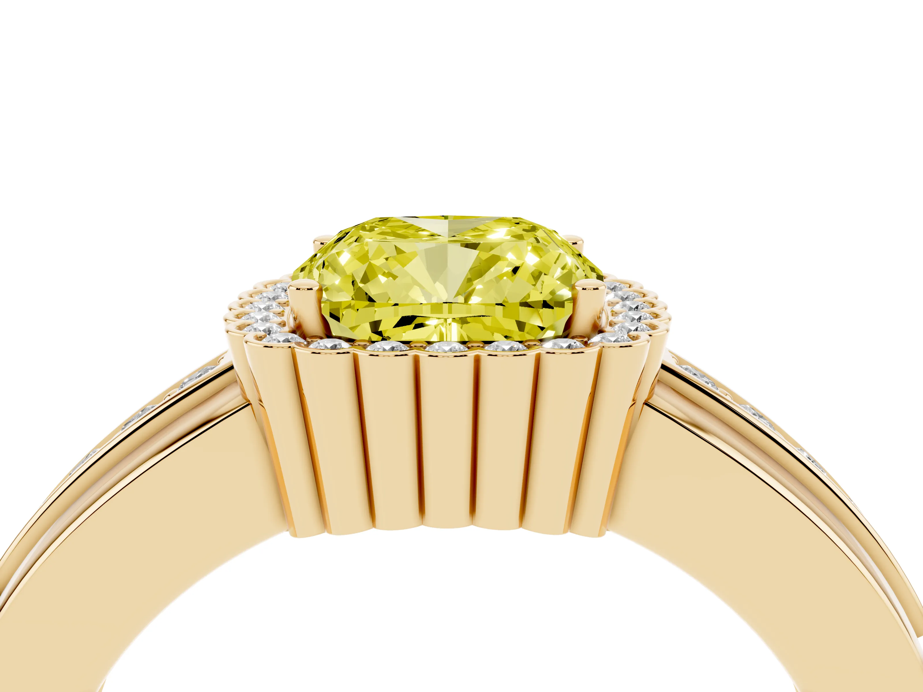 Fancy Yellow Cushion Cut Diamond Halo Prong Ring Set in Yellow gold with Pavé Band