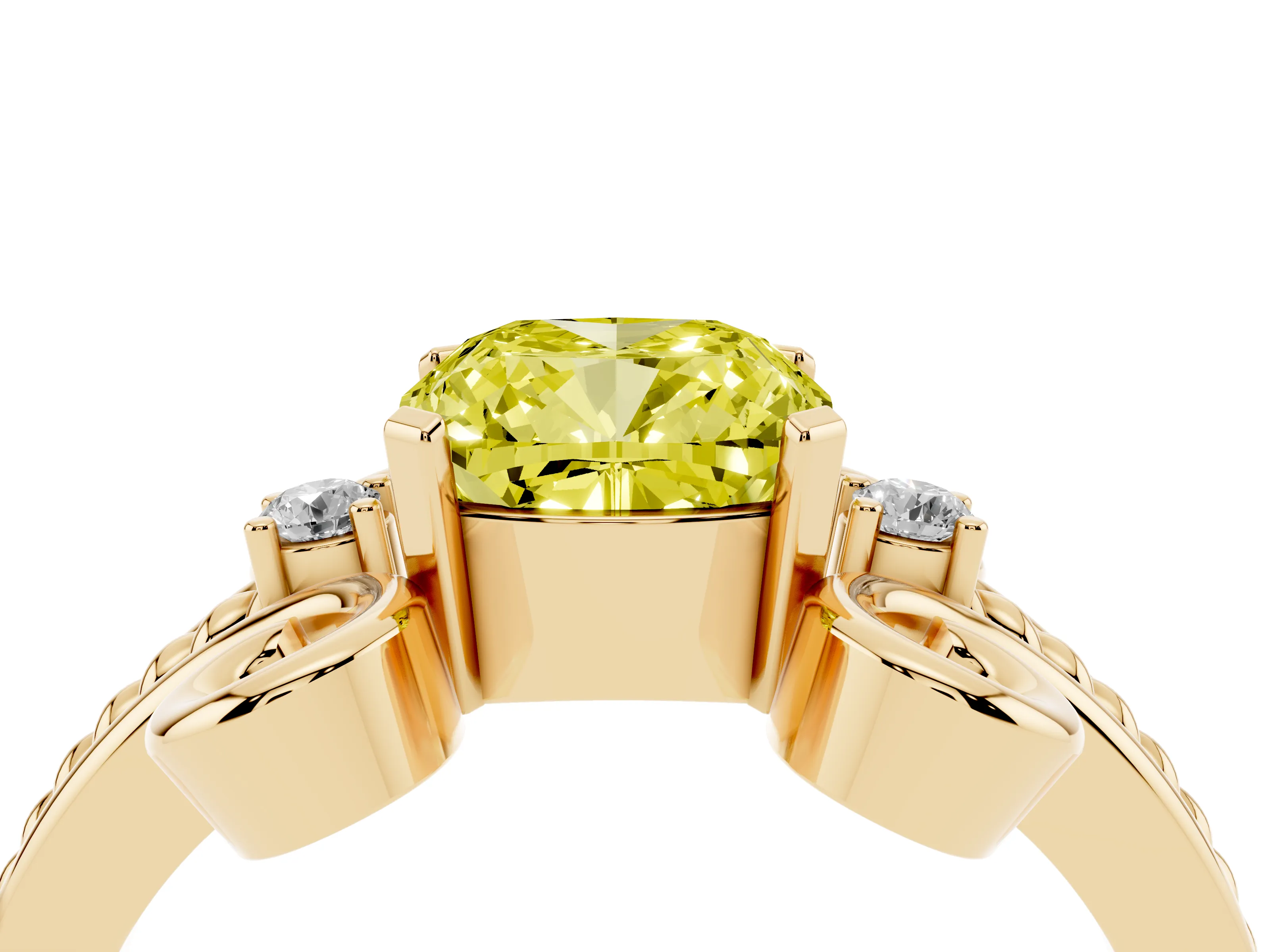 Fancy Yellow Cushion Cut Diamond Twisted Band Solitaire Ring Set in Yellow gold with Scroll Prongs