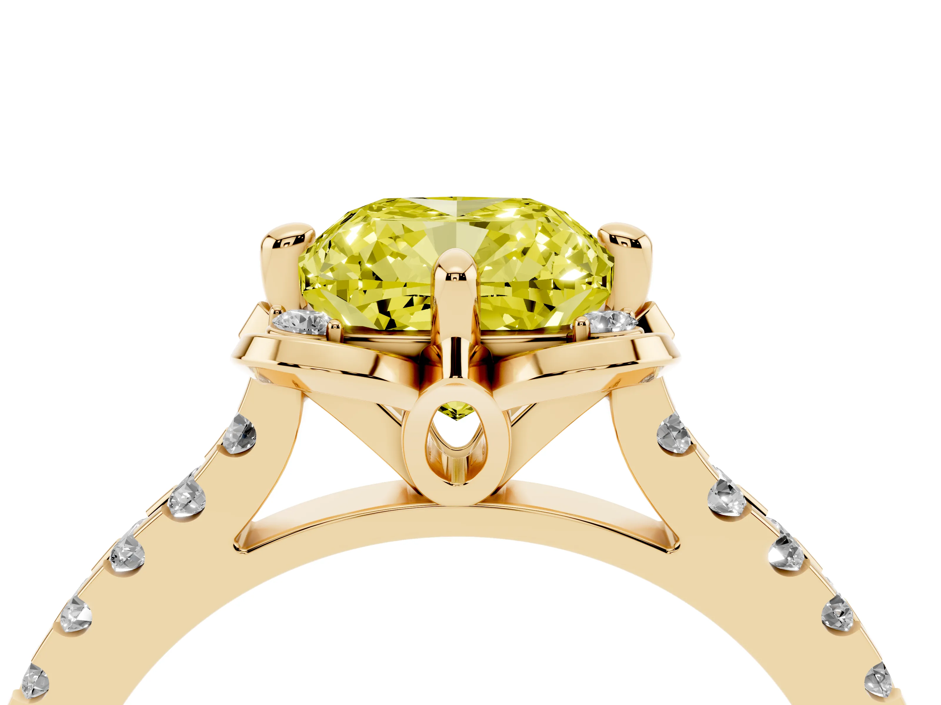 Fancy Yellow Cushion Cut Diamond Solitaire Ring Set in Yellow gold with Pavé Band and Floral Prong Setting