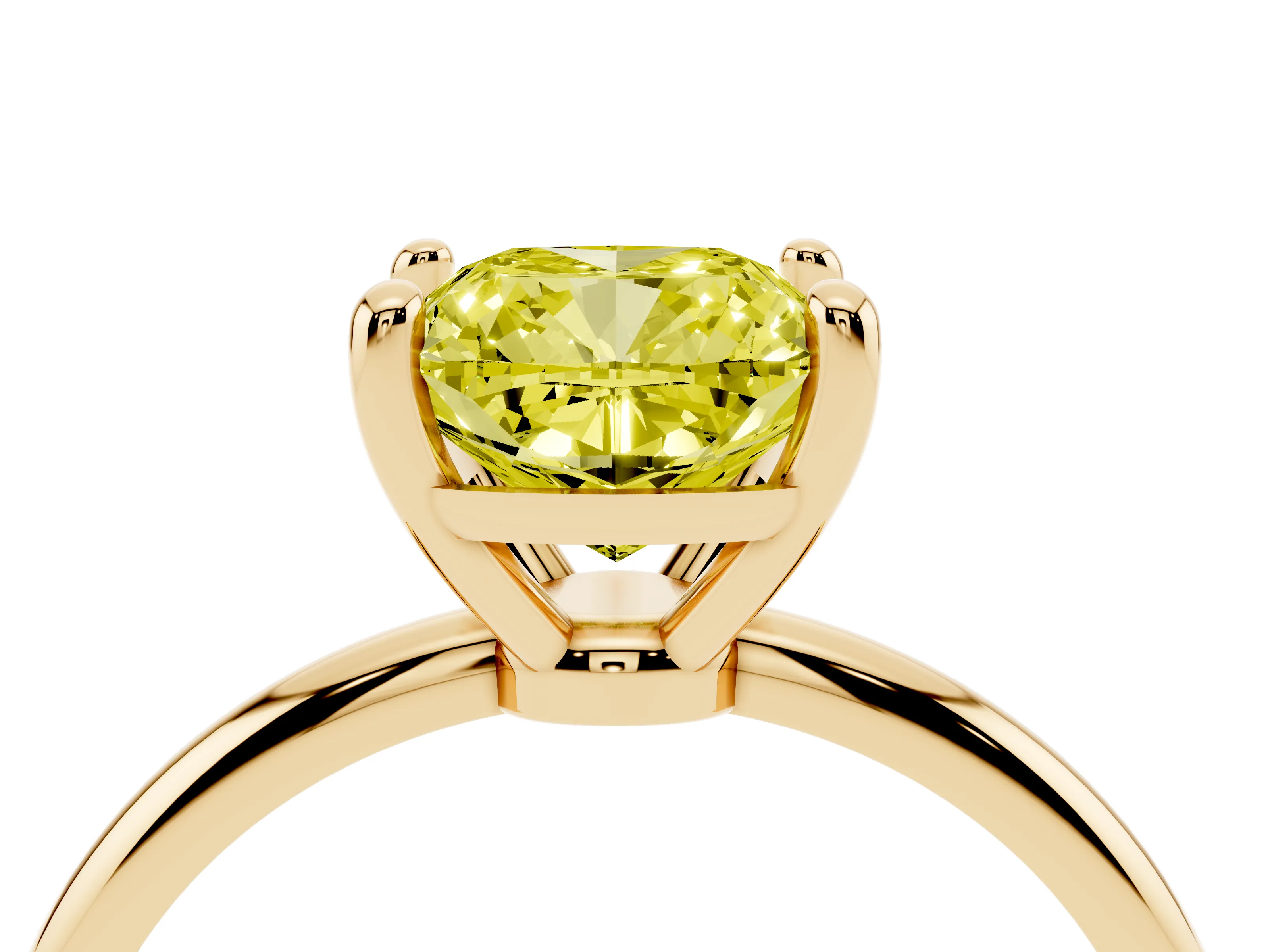 Fancy Yellow Cushion Cut Diamond Solitaire Ring Set in Yellow gold with Secure Prong Setting on a Classic Band