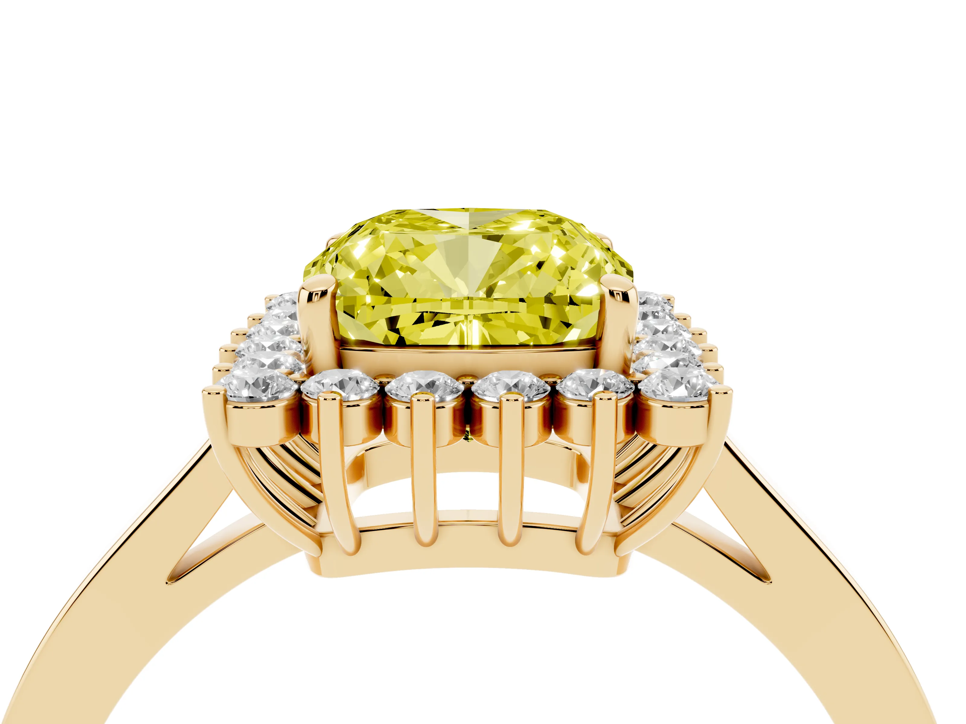 Fancy Yellow Cushion Cut Diamond Halo Ring Set in Yellow gold with Round Halo and Smooth Solitaire Band