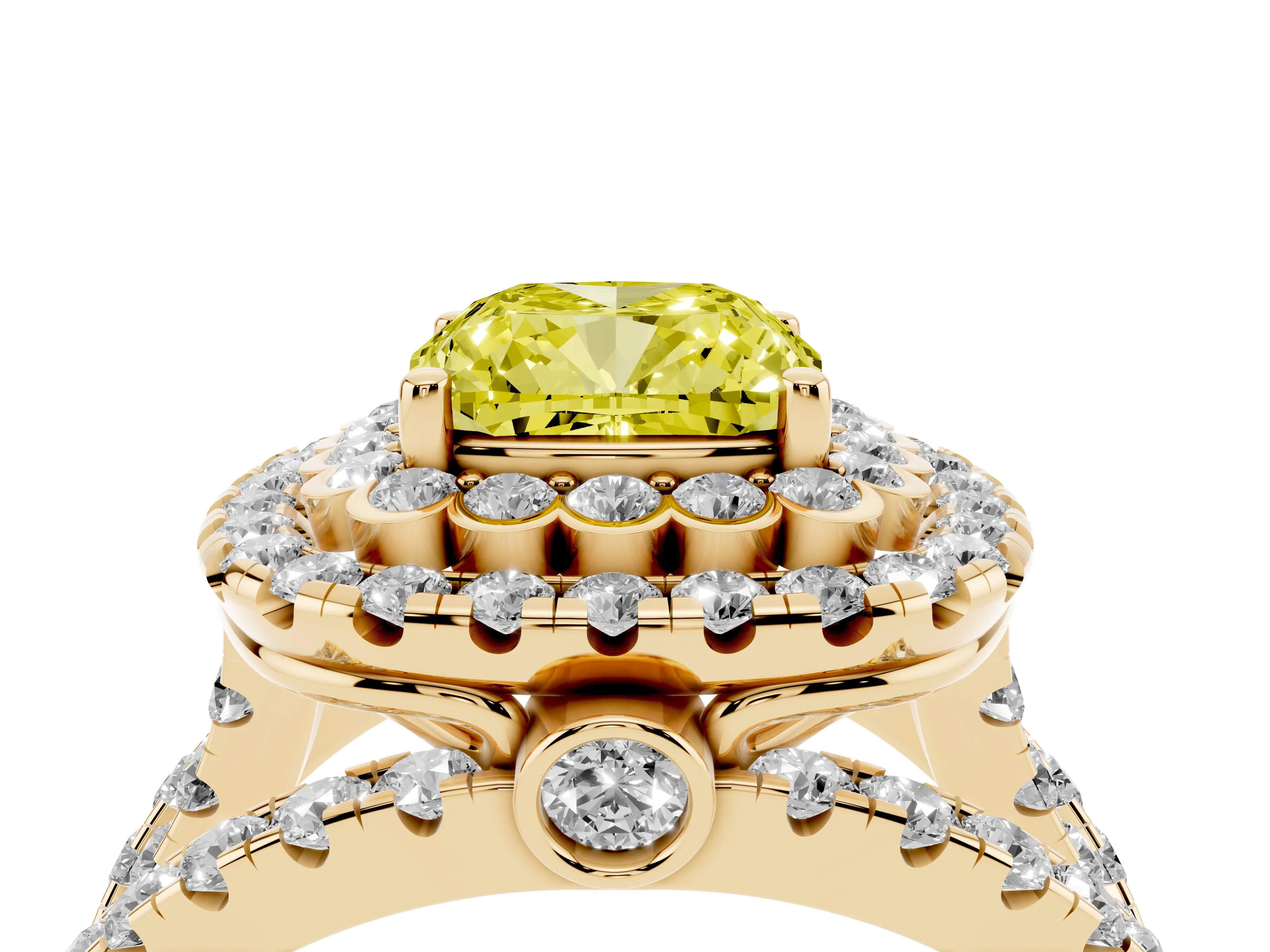 Fancy Yellow Cushion Cut Diamond Double Halo Ring Set in Yellow gold with Round Pavé Split Shank