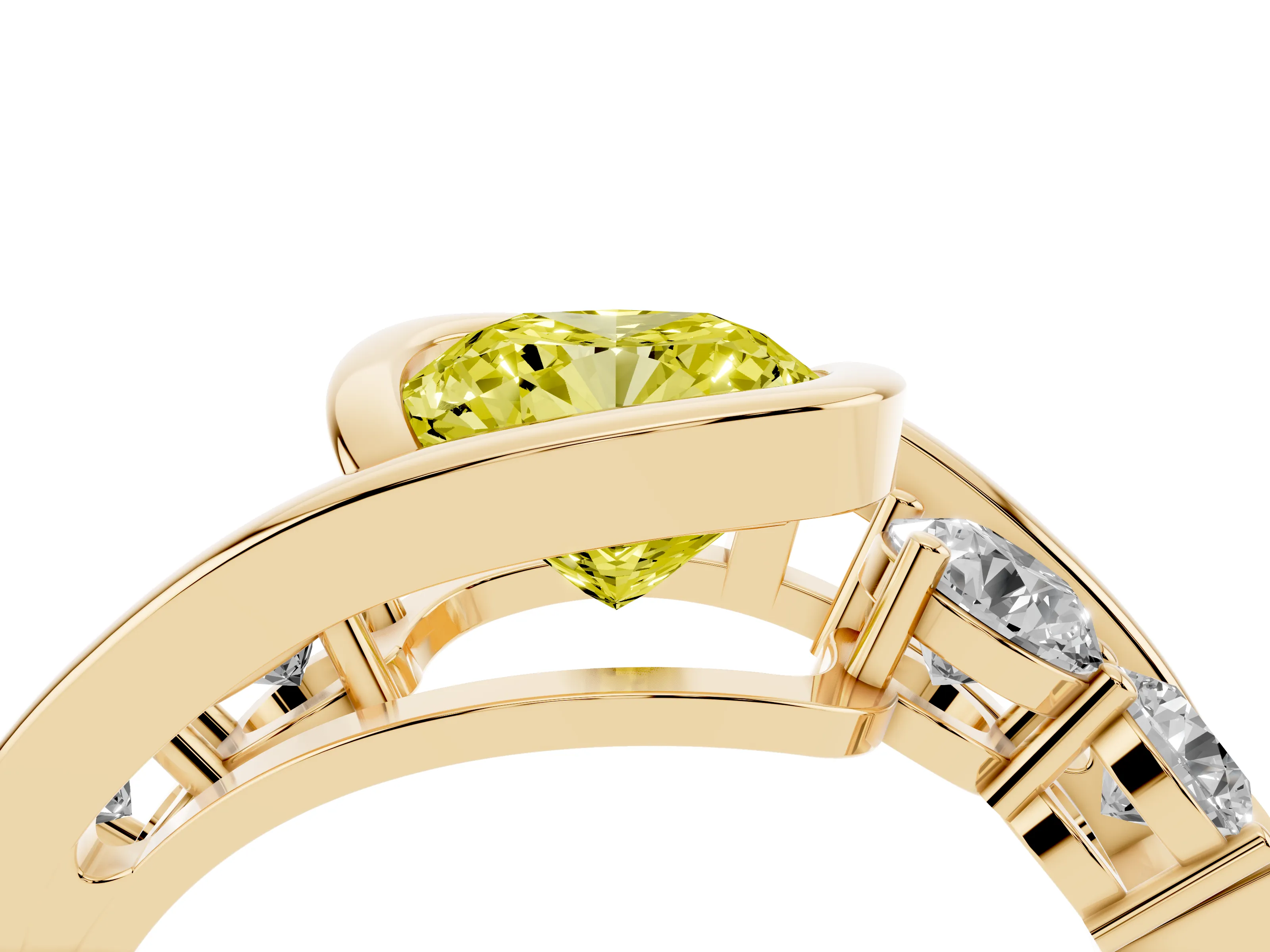 Fancy Yellow Cushion Cut Diamond Bezel Bypass Ring Set in Yellow gold with Round Accents