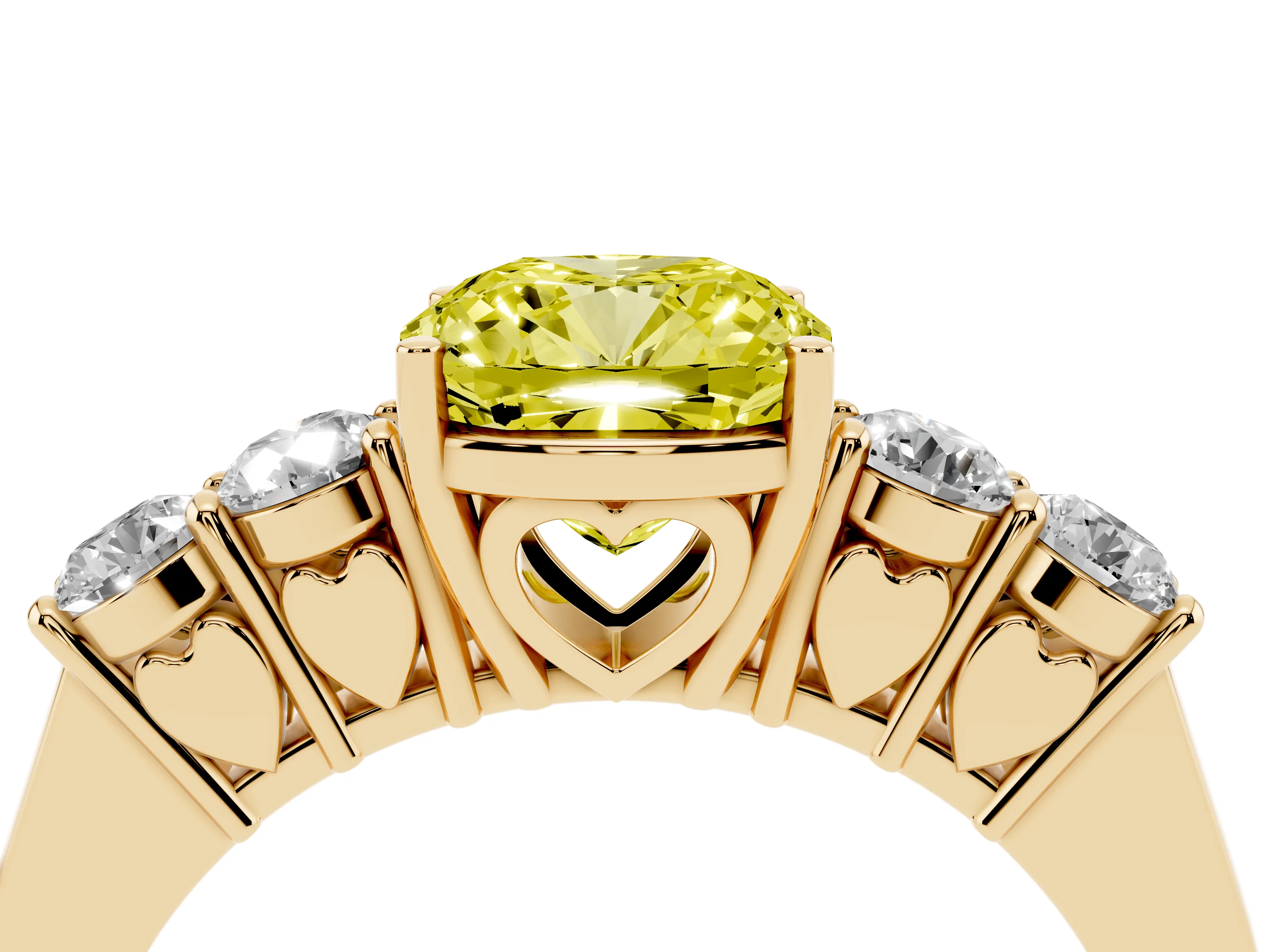 Fancy Yellow Cushion Cut Diamond Five-Stone Prong Set Band Ring Set in Yellow gold with Polished Band