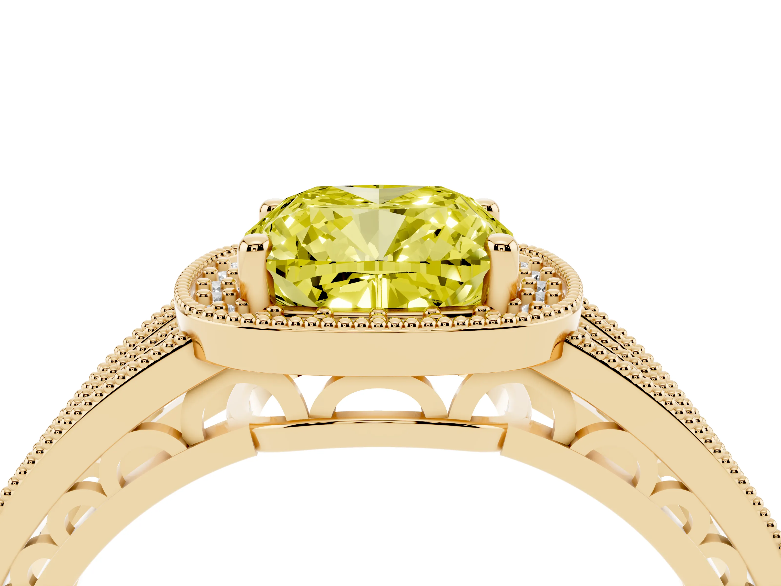 Fancy Yellow Cushion Cut Diamond Halo Ring Set in Yellow gold with Accent Split Shank and Prong Setting