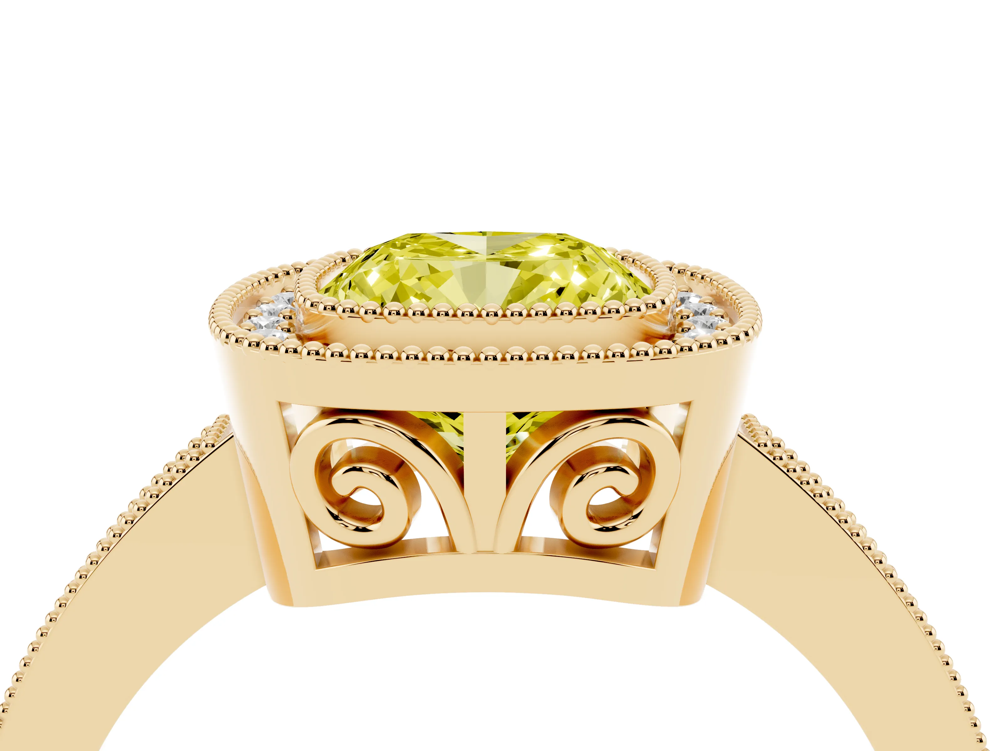 Fancy Yellow Cushion Cut Diamond Round Halo Ring Set in Yellow gold with Pavé Band