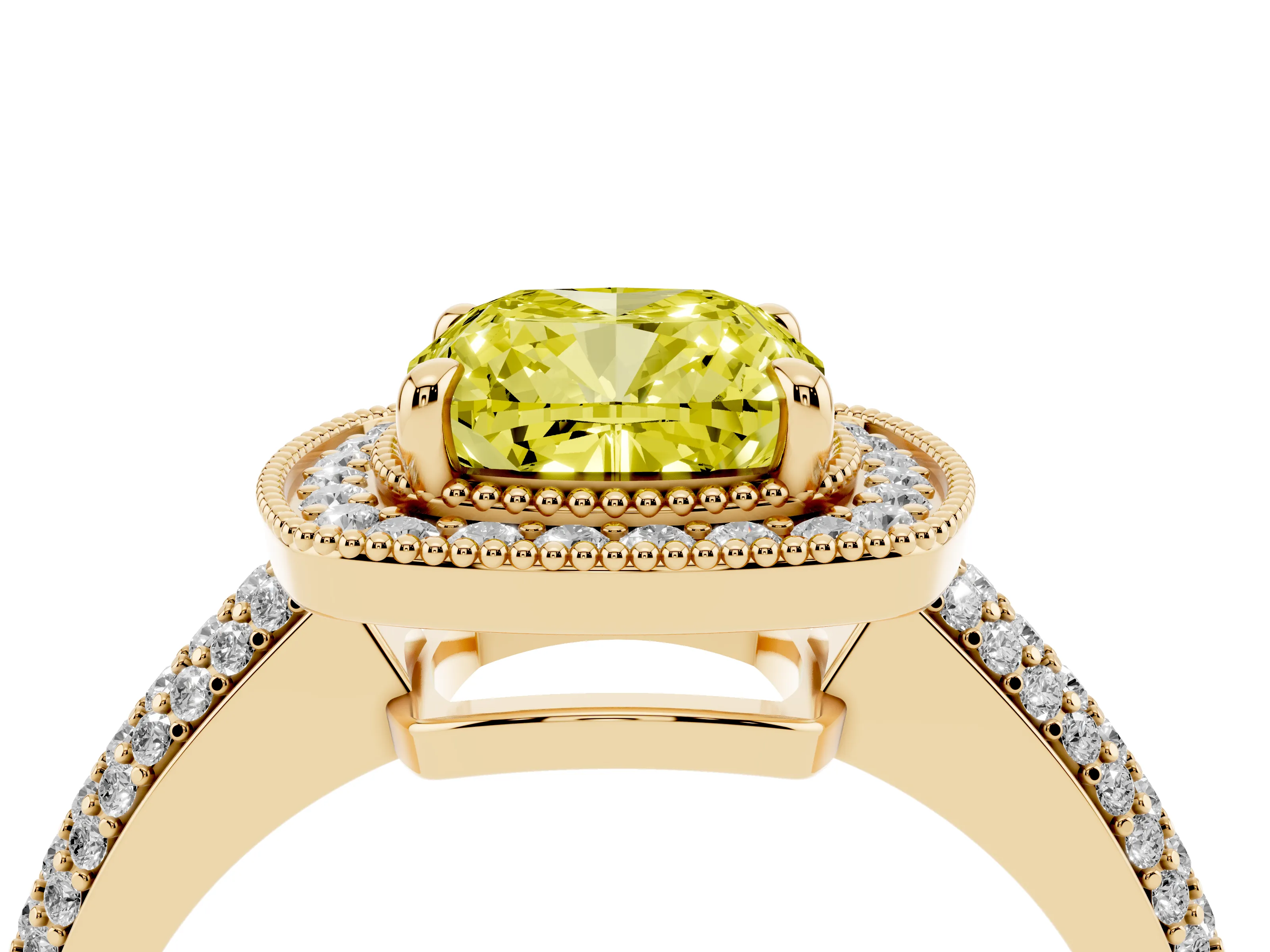 Fancy Yellow Cushion Cut Diamond Halo Pavé Band Set in Yellow gold with Prong Setting