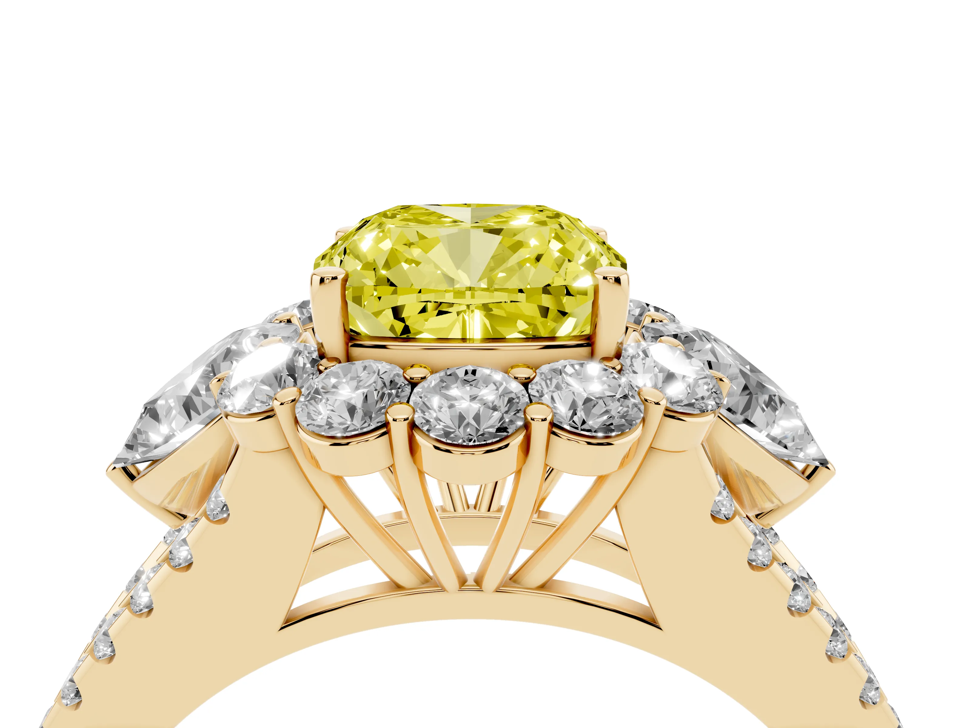 Fancy Yellow Cushion Cut Diamond Halo Split Shank Engagement Ring Set in Yellow gold with Prong-Held Center Stone