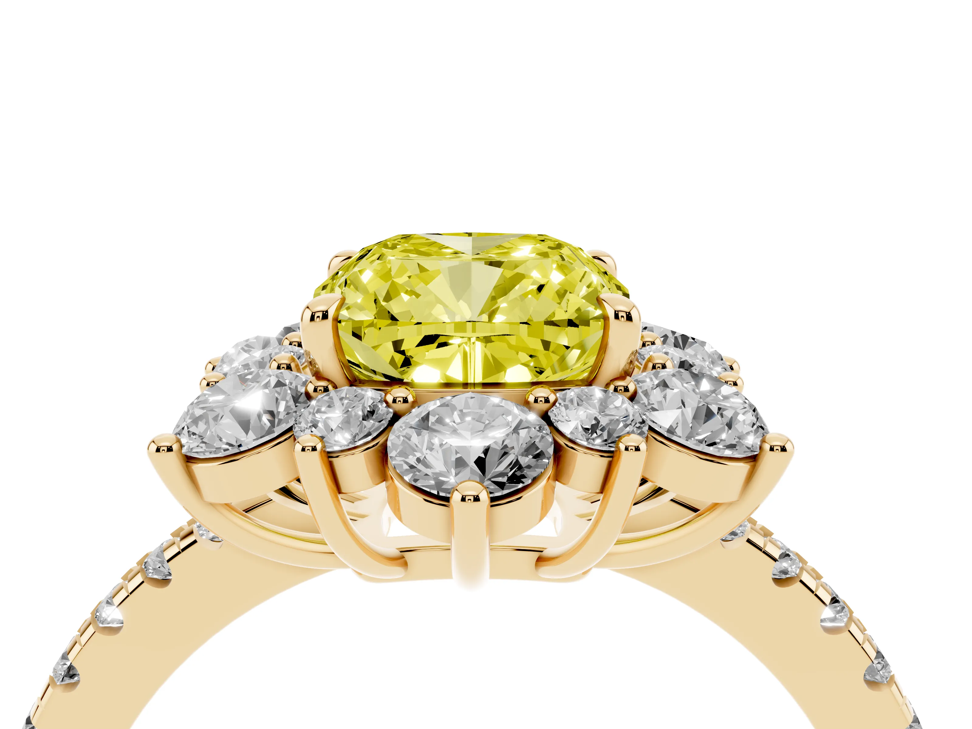 Fancy Yellow Cushion Cut Diamond Floral Halo Ring Set in Yellow gold with Round Pavé Band and Prong Setting