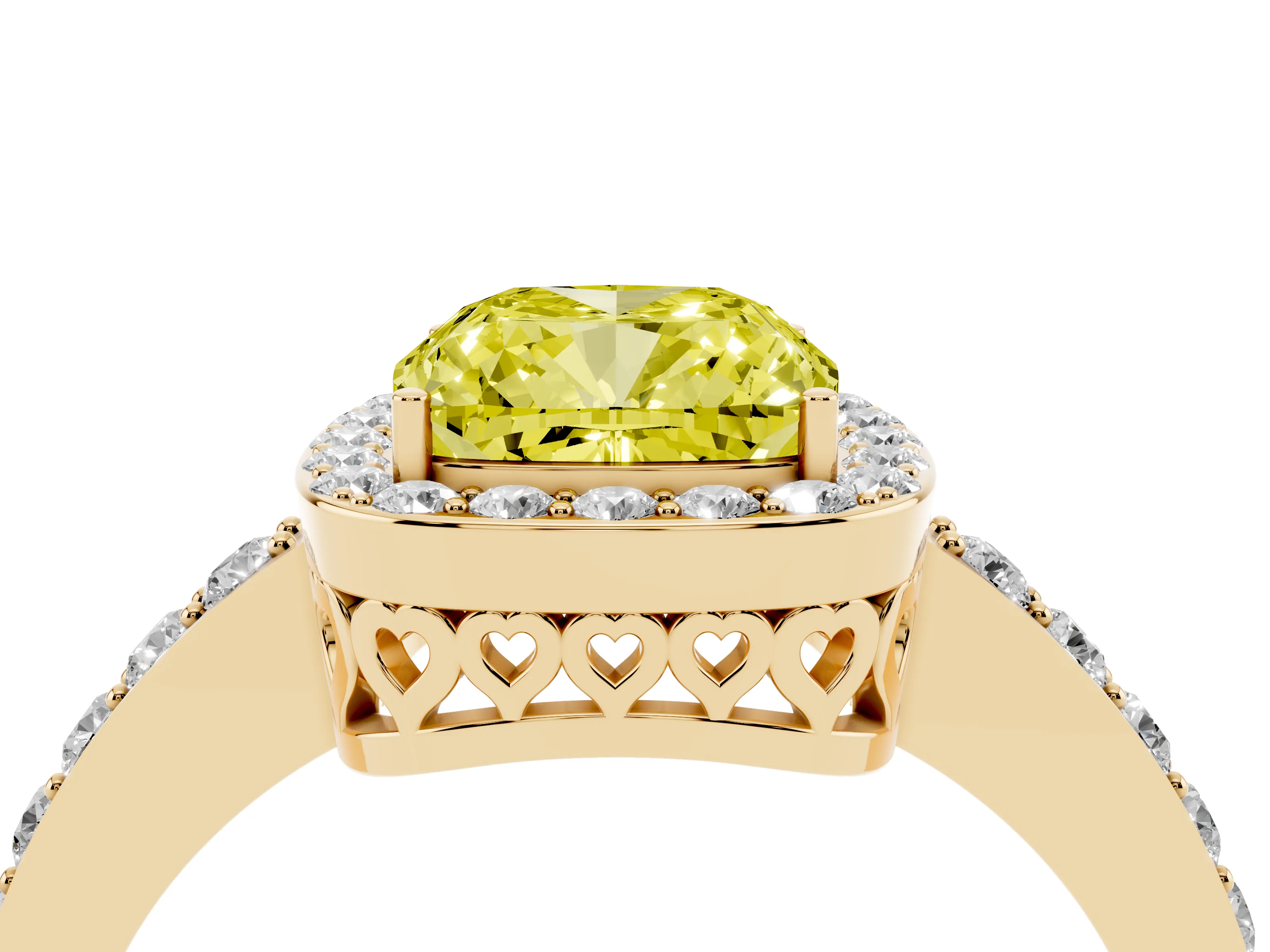 Fancy Yellow Cushion Cut Diamond Halo Ring Set in Yellow gold with Pavé-Setting Band and Open Prong Center