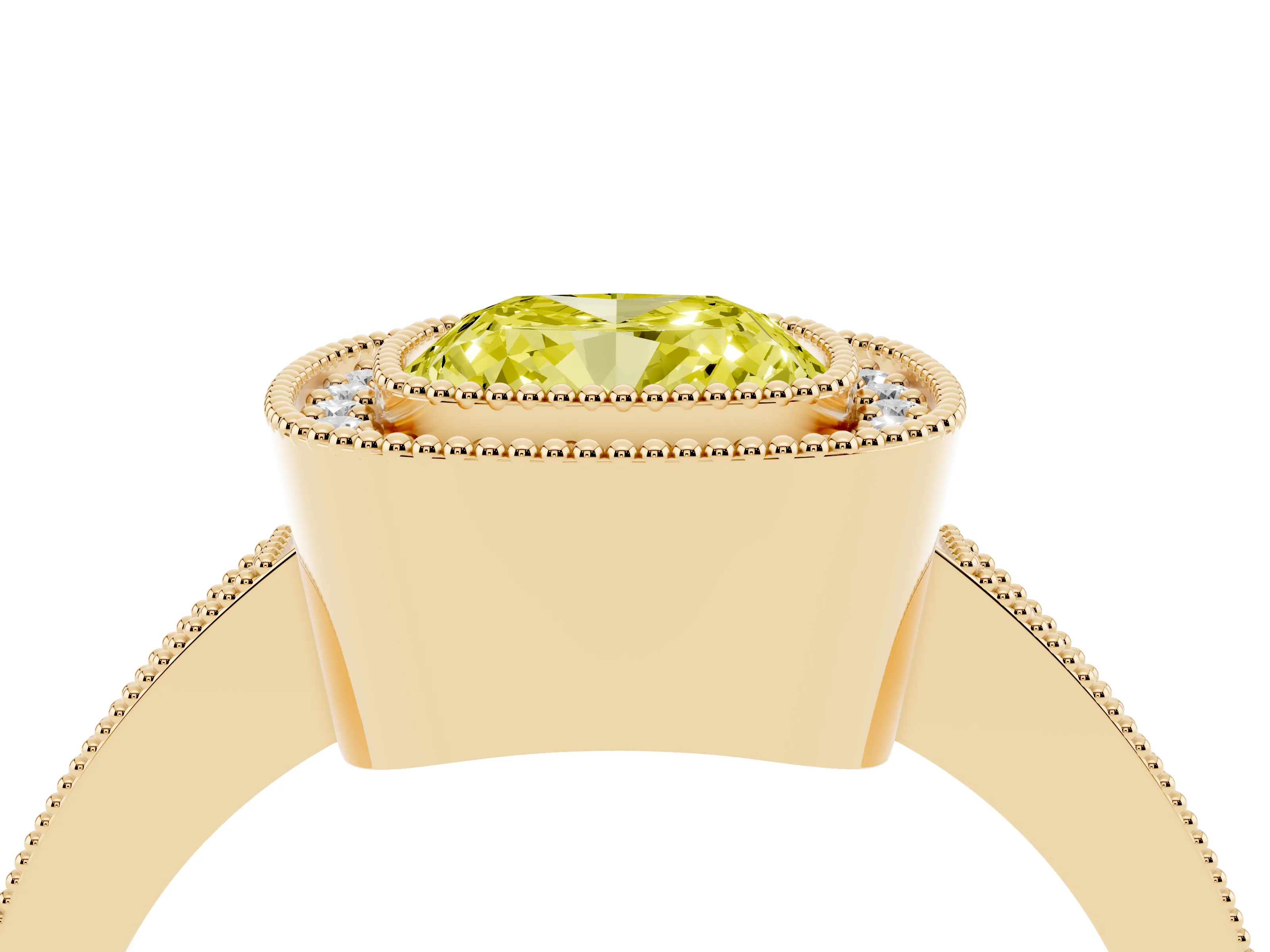 Fancy Yellow Cushion Cut Diamond Halo Engagement Ring Set in Yellow gold with Pavé Band and Round Halo Stones