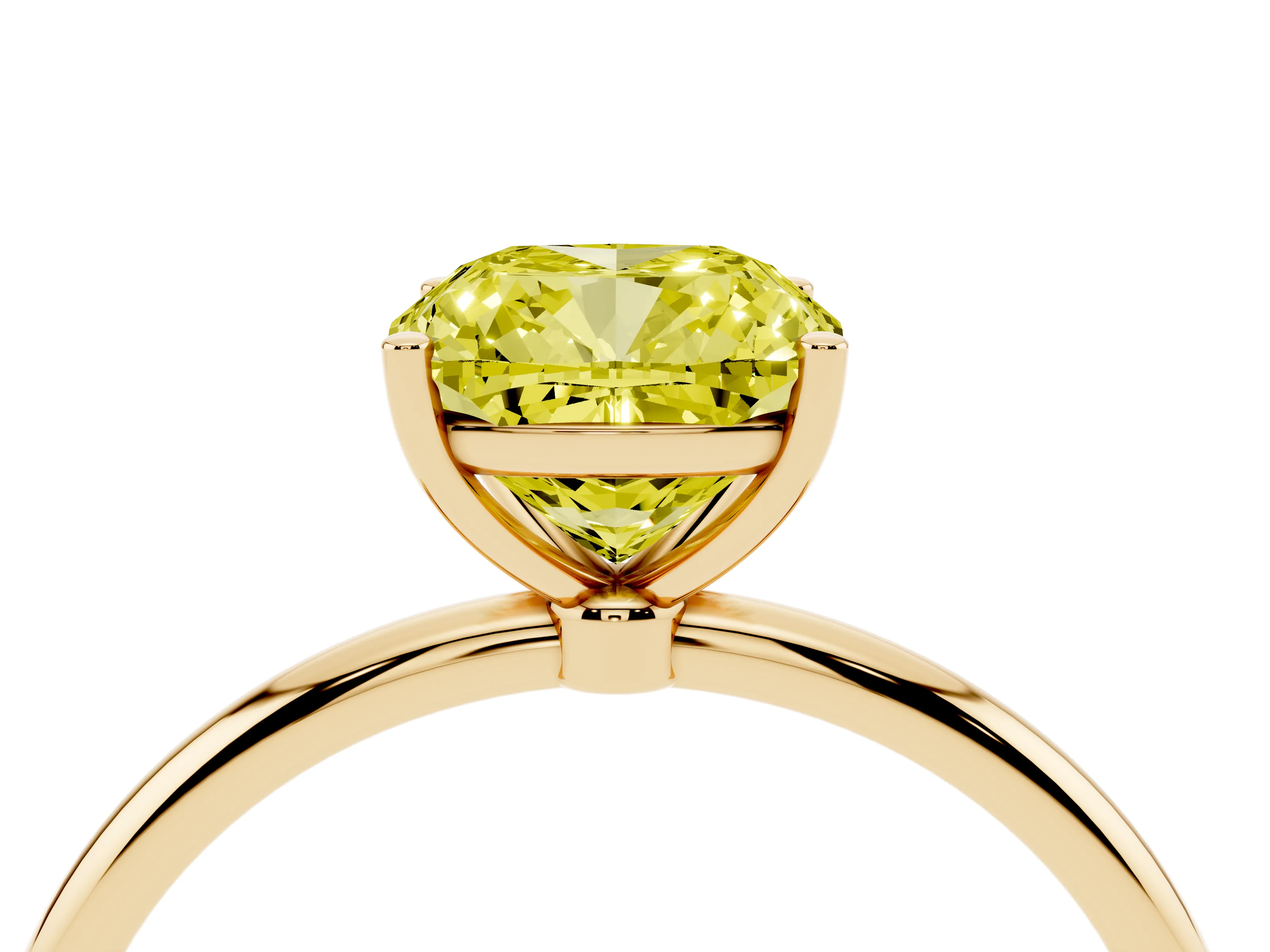 Fancy Yellow Cushion Cut Diamond Solitaire Engagement Ring Set in Yellow gold with Thin Band and Prong Setting