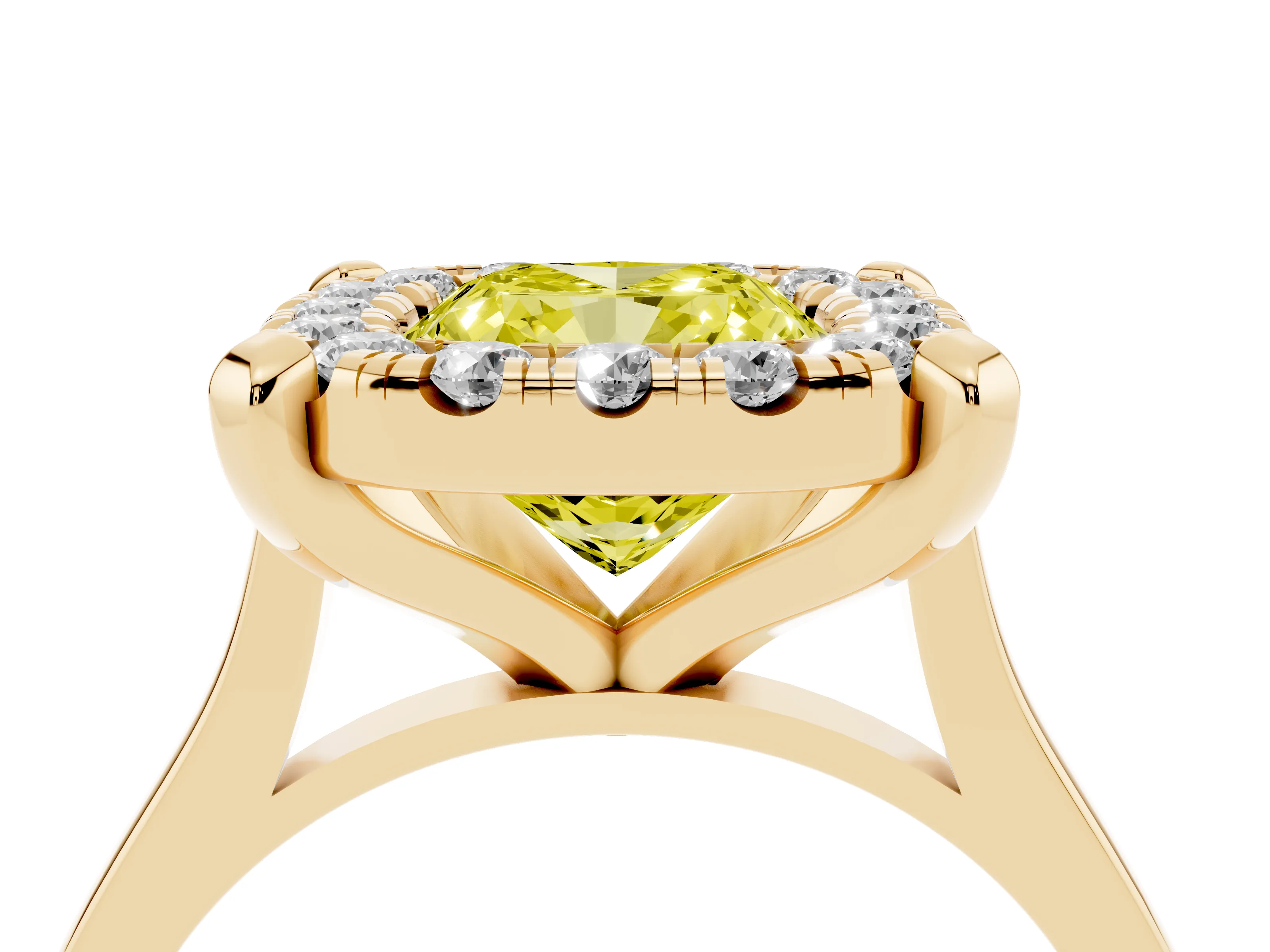 Fancy Yellow Cushion Cut Diamond Cluster Halo Solitaire Ring Set in Yellow gold with Prong Setting