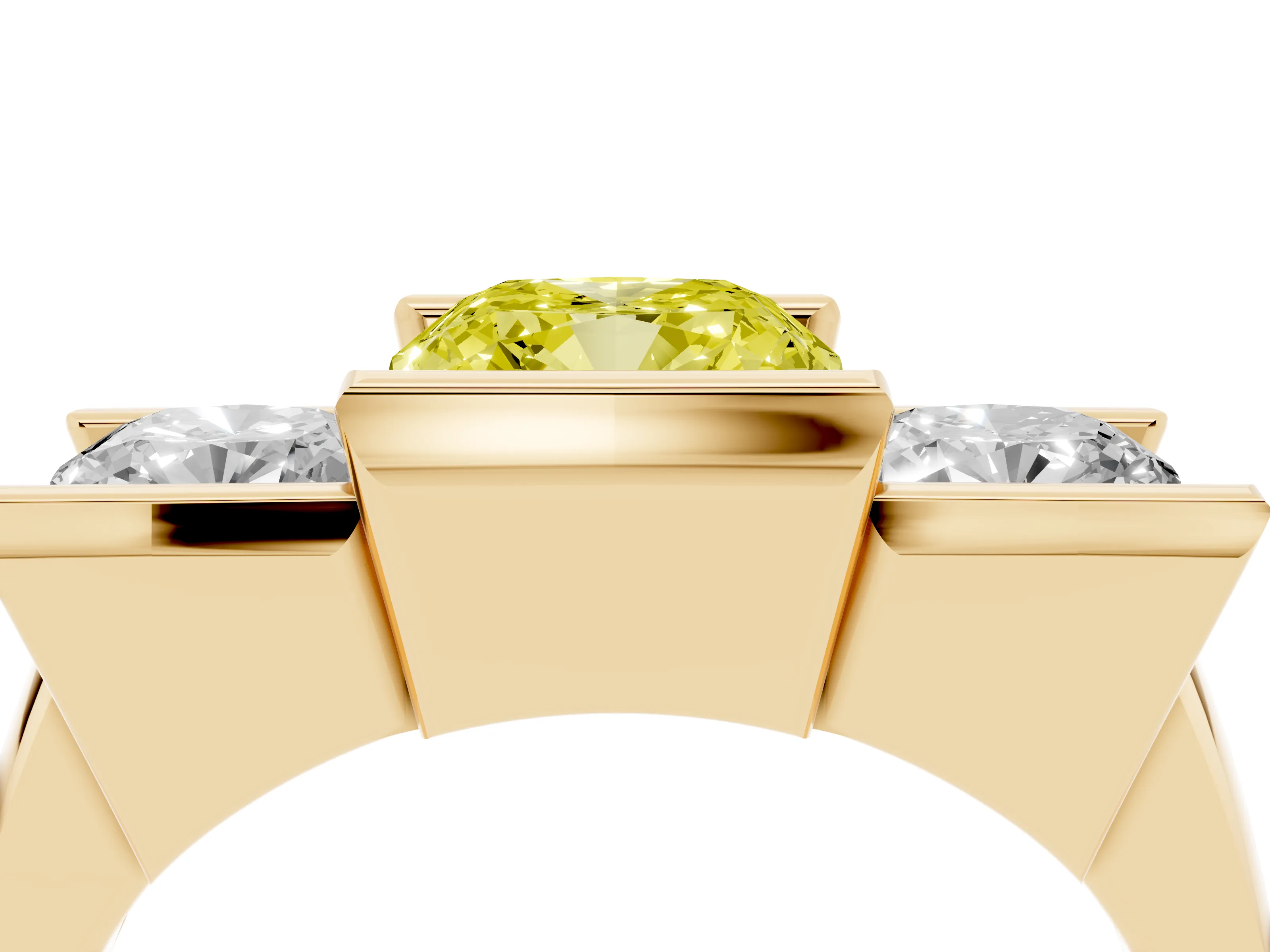 Fancy Yellow Cushion Cut Diamond Three-Stone Channel Set Ring Set in Yellow gold with Smooth Polished Band