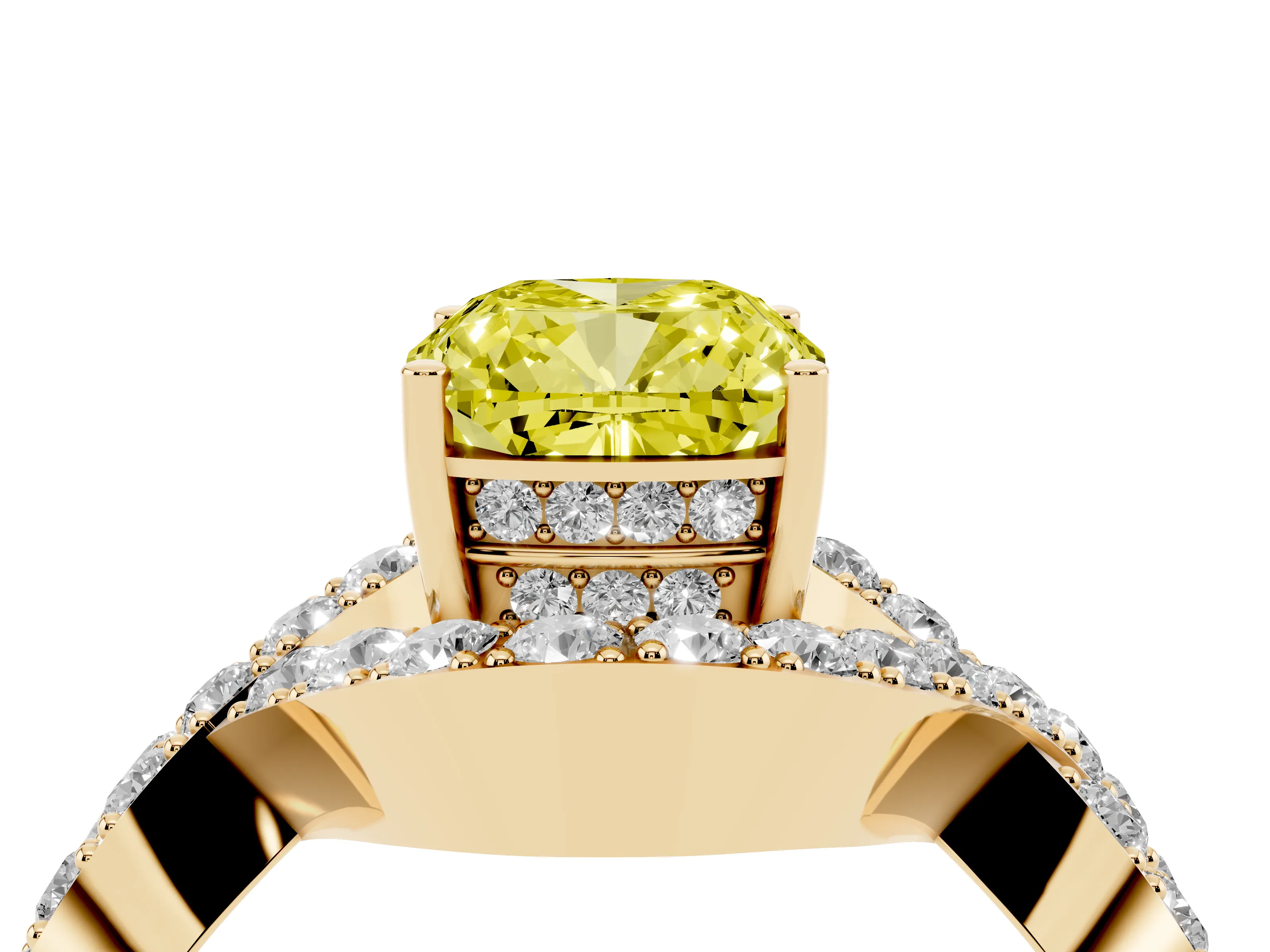 Fancy Yellow Cushion Cut Diamond Solitaire Twist Band Pavé Engagement Ring Set in Yellow gold