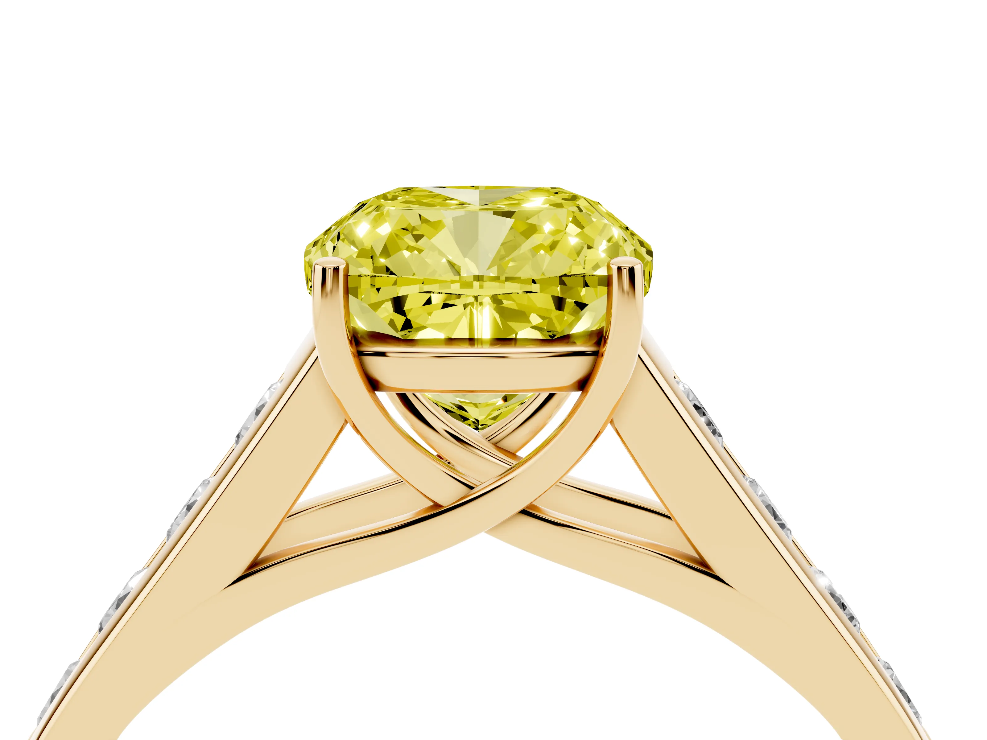 Fancy Yellow Cushion Cut Diamond Brilliant Channel-Set Solitaire Ring Set in Yellow gold with Prong Setting