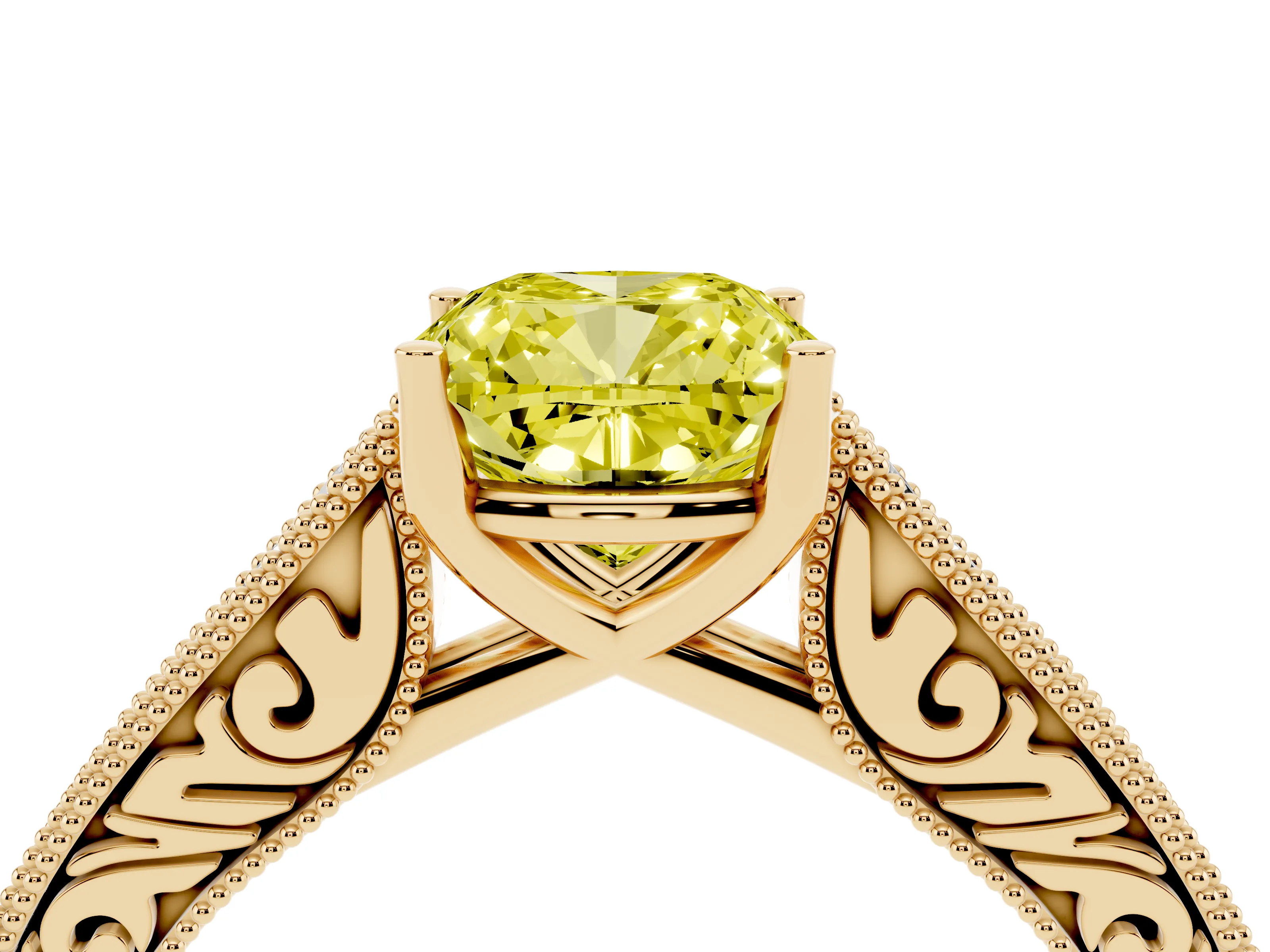 Fancy Yellow Cushion Cut Diamond Milgrain Pavé Band Solitaire Ring Set in Yellow gold with Prong Setting
