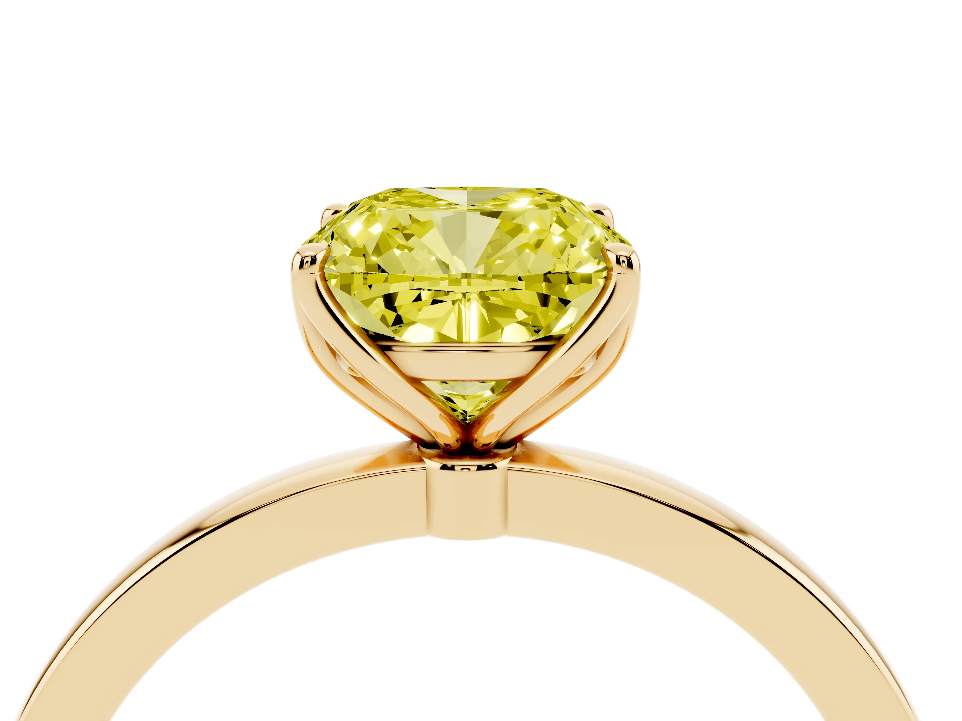Fancy Yellow Cushion Cut Diamond Solitaire Ring Set in Yellow gold with Prong Setting and Thin Polished Band