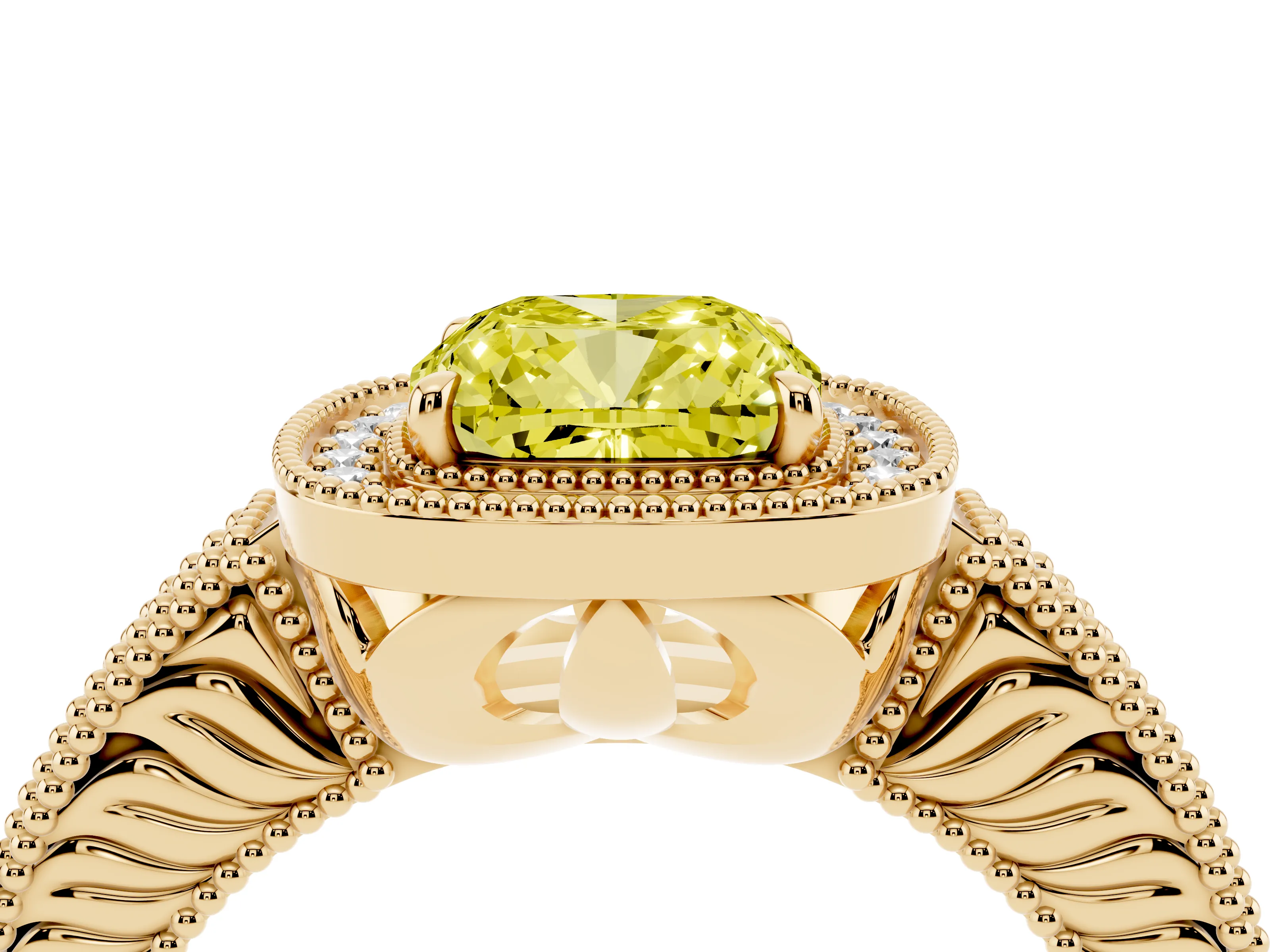 Fancy Yellow Cushion Cut Diamond Halo Ring Set in Yellow gold with Round Accent Halo, Pavé Band and Prong Setting