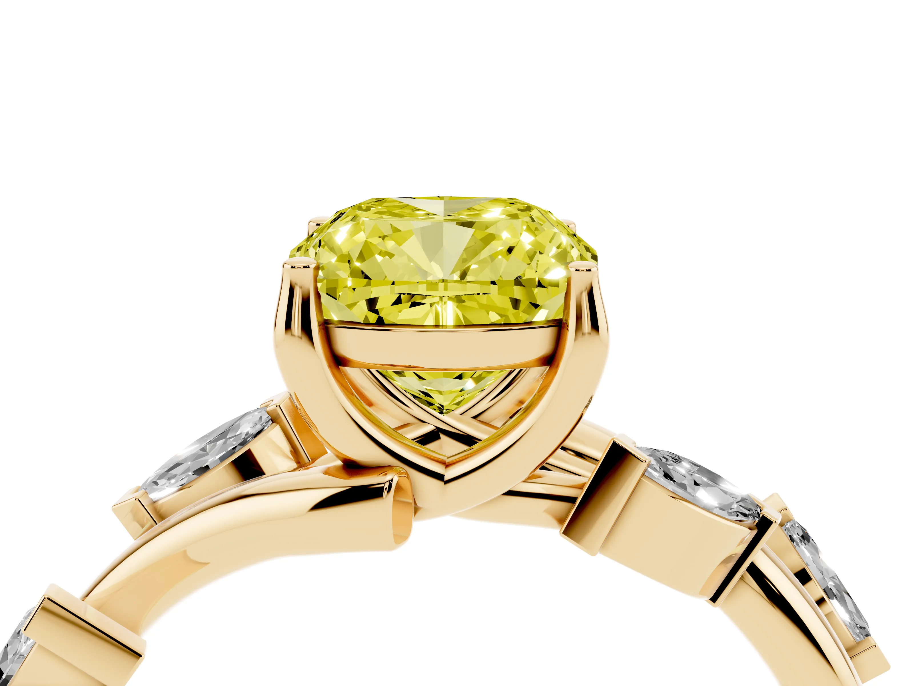 Fancy Yellow Cushion Cut Diamond Solitaire Ring Set in Yellow gold with Twisted Marquise Accent Band