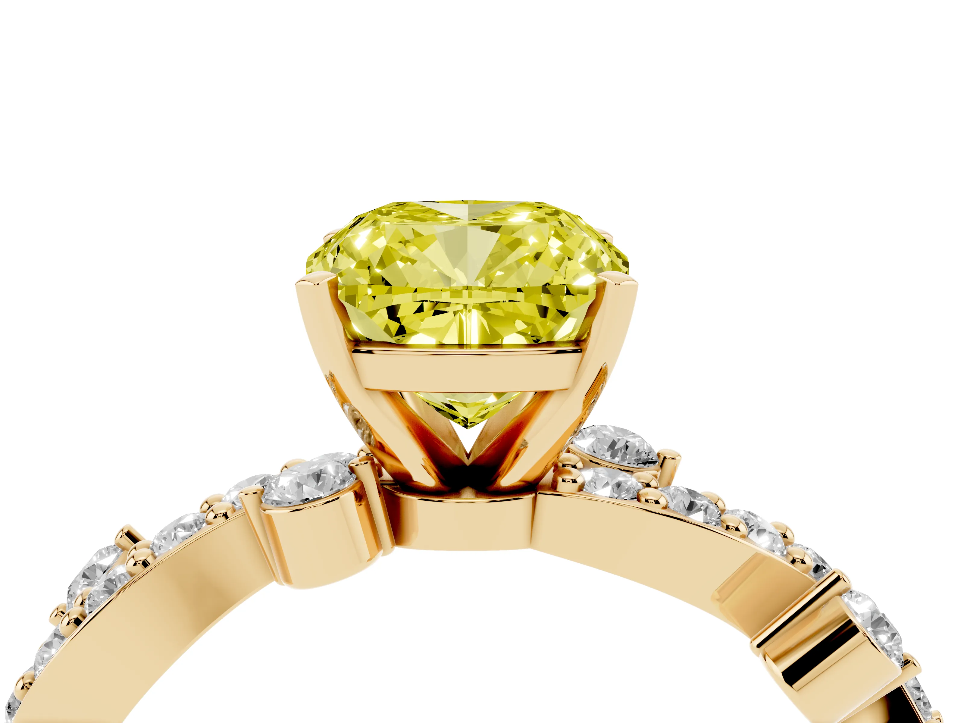 Fancy Yellow Cushion Cut Diamond Solitaire Twisted Band Set in Yellow gold with Pavé Setting